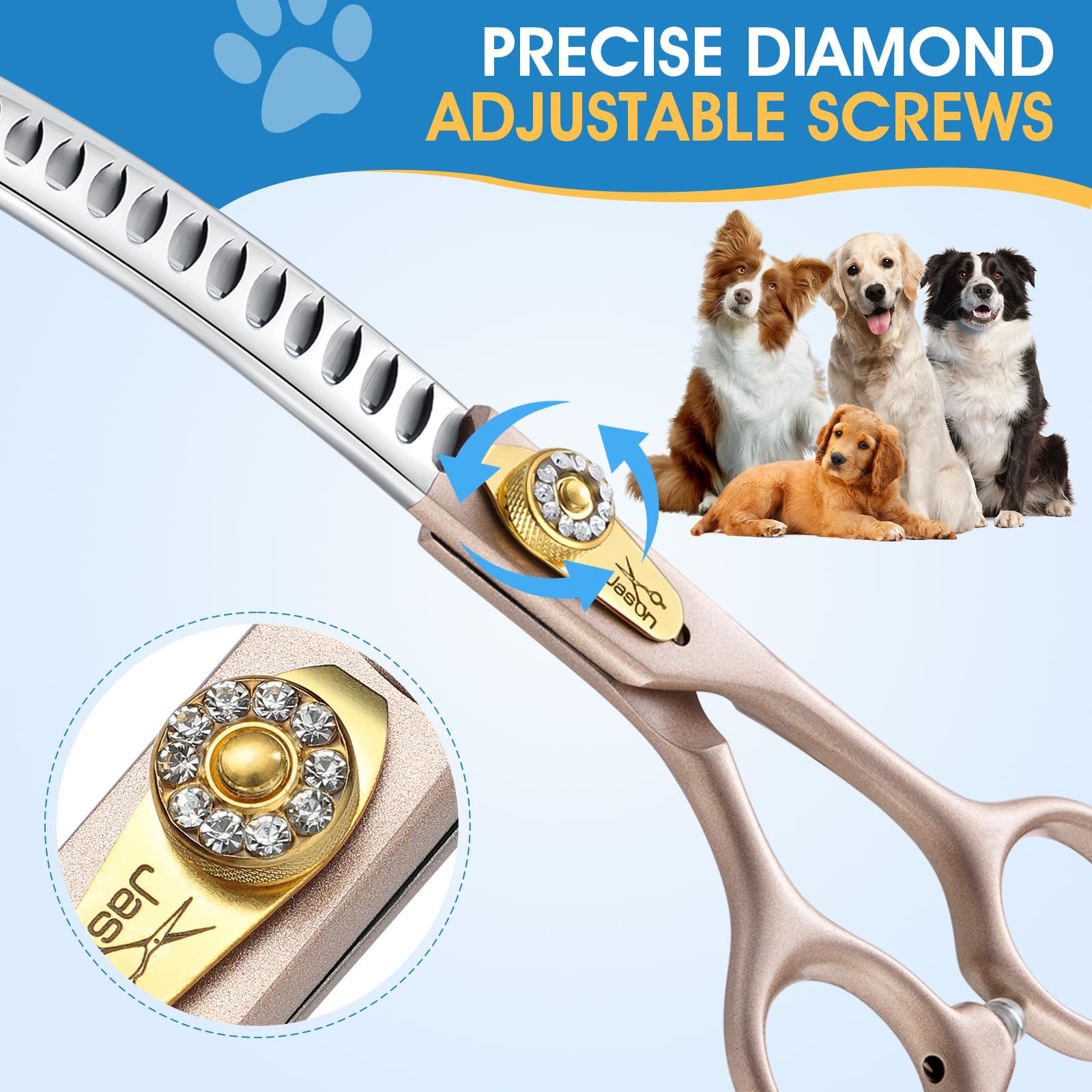 JASON Professional 7 Inch Curved Chunker Shears - Japanese 440C Stainless Steel Dog Grooming Scissors with 21 Fishbone Teeth & Diamond Screw (Rose Gold) - Perfect for Professional Pet Grooming, Styling, and Trimming Thick Dog Coat