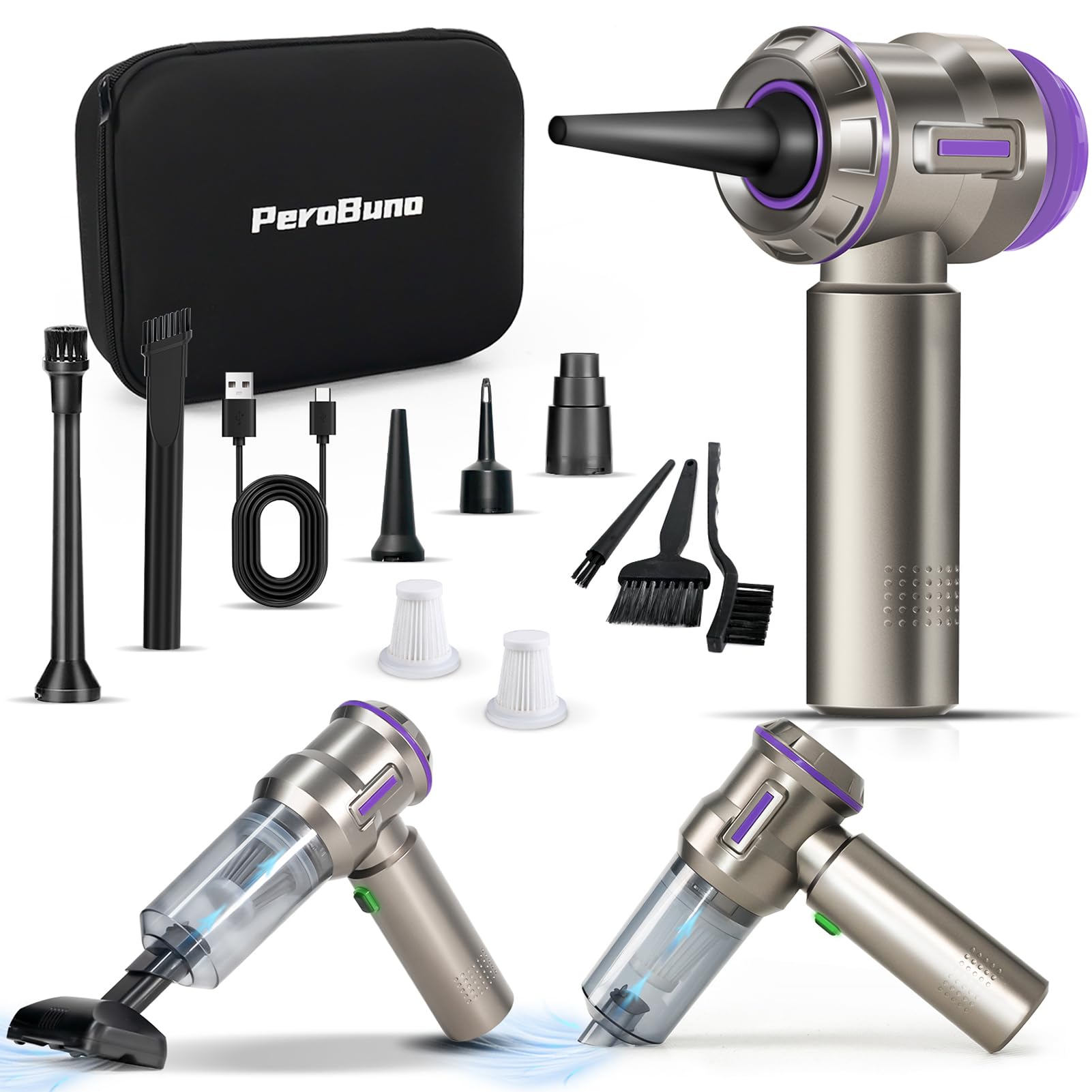 PeroBuno 200,000RPM Electric Air Duster for PC Cleaning - 2-in-1 Compressed Air Blower & Mini Vacuum with Brushless Motor, 3 Speed Settings, 35 Min Runtime, Rechargeable Battery - Perfect for Keyboard, Electronics, Camera Lens & Home Office Cleaning