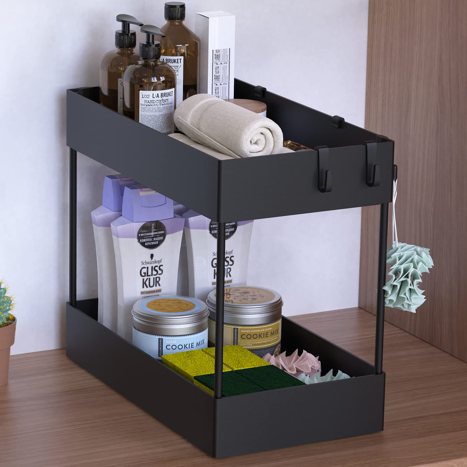 Under Sink Organizer 2-Tier Storage Basket with 6 Hooks - Space Saving Bathroom & Kitchen Cabinet Organizer Rack for Countertop - Perfect for Small Spaces, Cleaning Supplies & Toiletries Storage - Black
