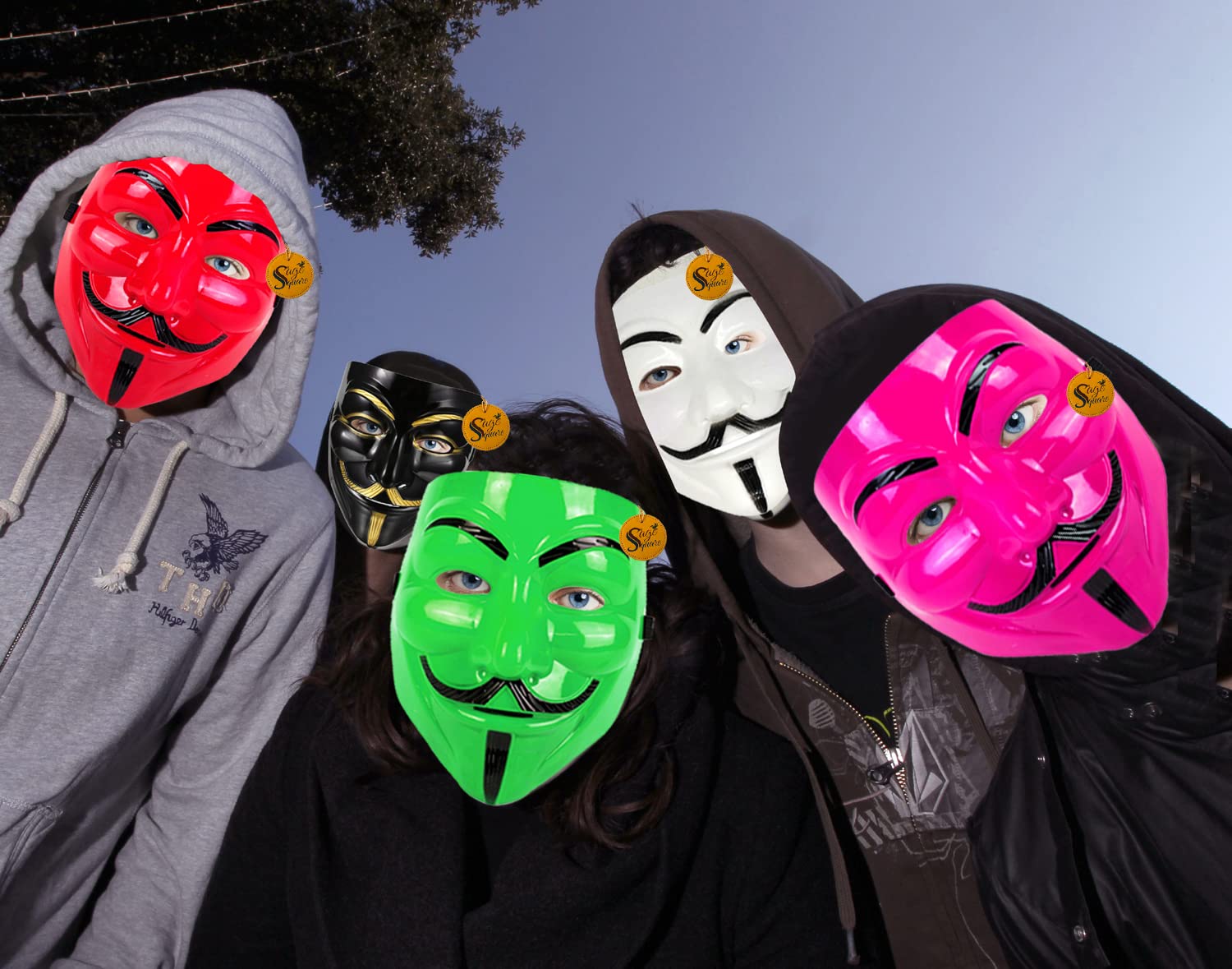 V for Vendetta Anonymous VIP Edition Face Mask Set of 5 - Sage Square, Black, White, Red, Green & Pink Fawkes Masks - Perfect Fit for Cosplay, Halloween, Protests & Movie-Themed Events