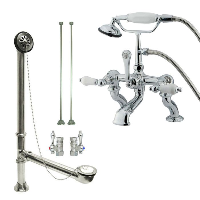 Chrome Deck Mount Clawfoot Bathtub Faucet with Hand Shower and Drain Stops - CC412T1 System for Vintage Bathroom Renovation and Spa Experience