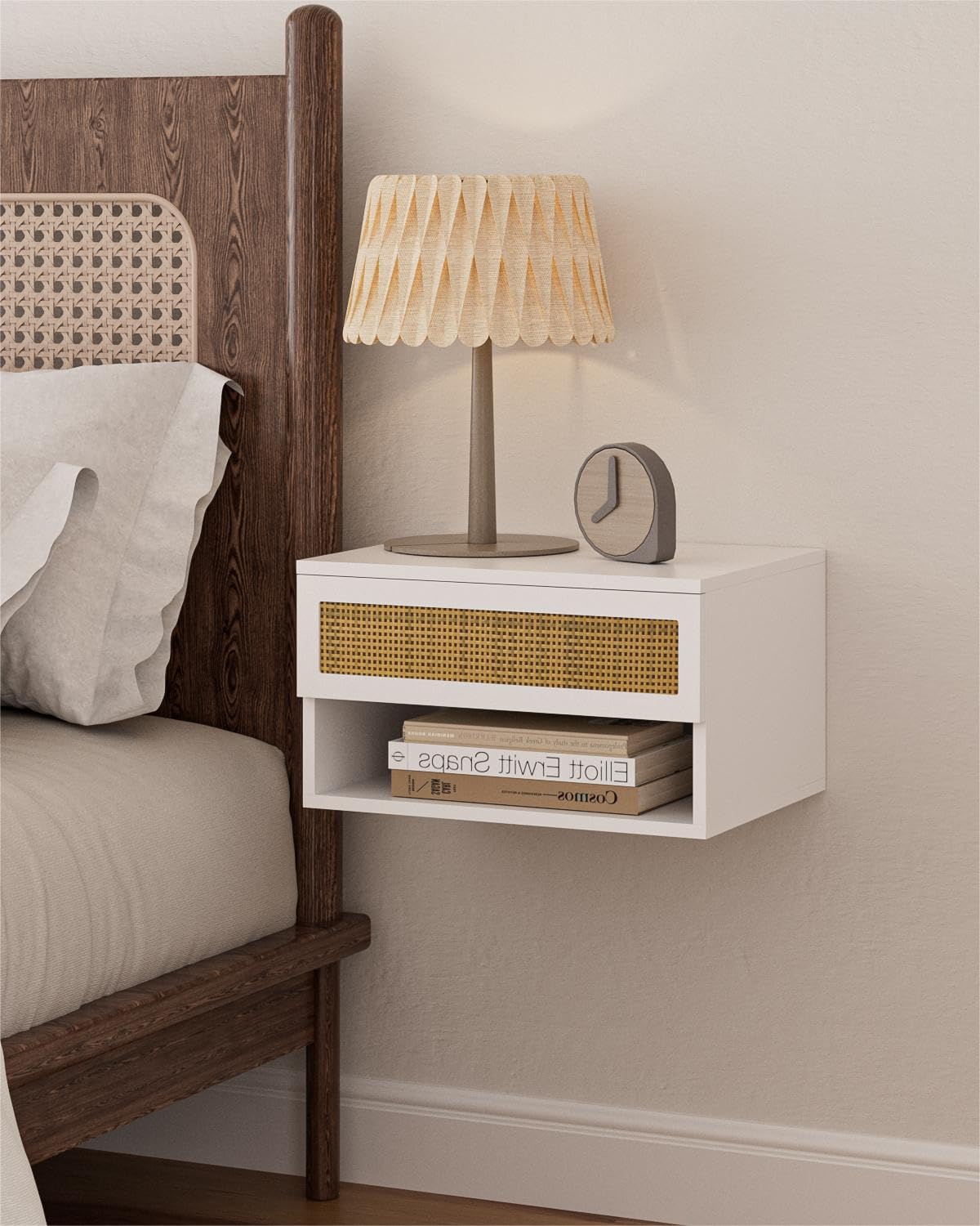 Modern White Rattan Nightstand with Drawer & Floating Shelves - Small Bedside Table for Bedroom, Bathroom, Living Room | Perfect for Storage & Home Decor