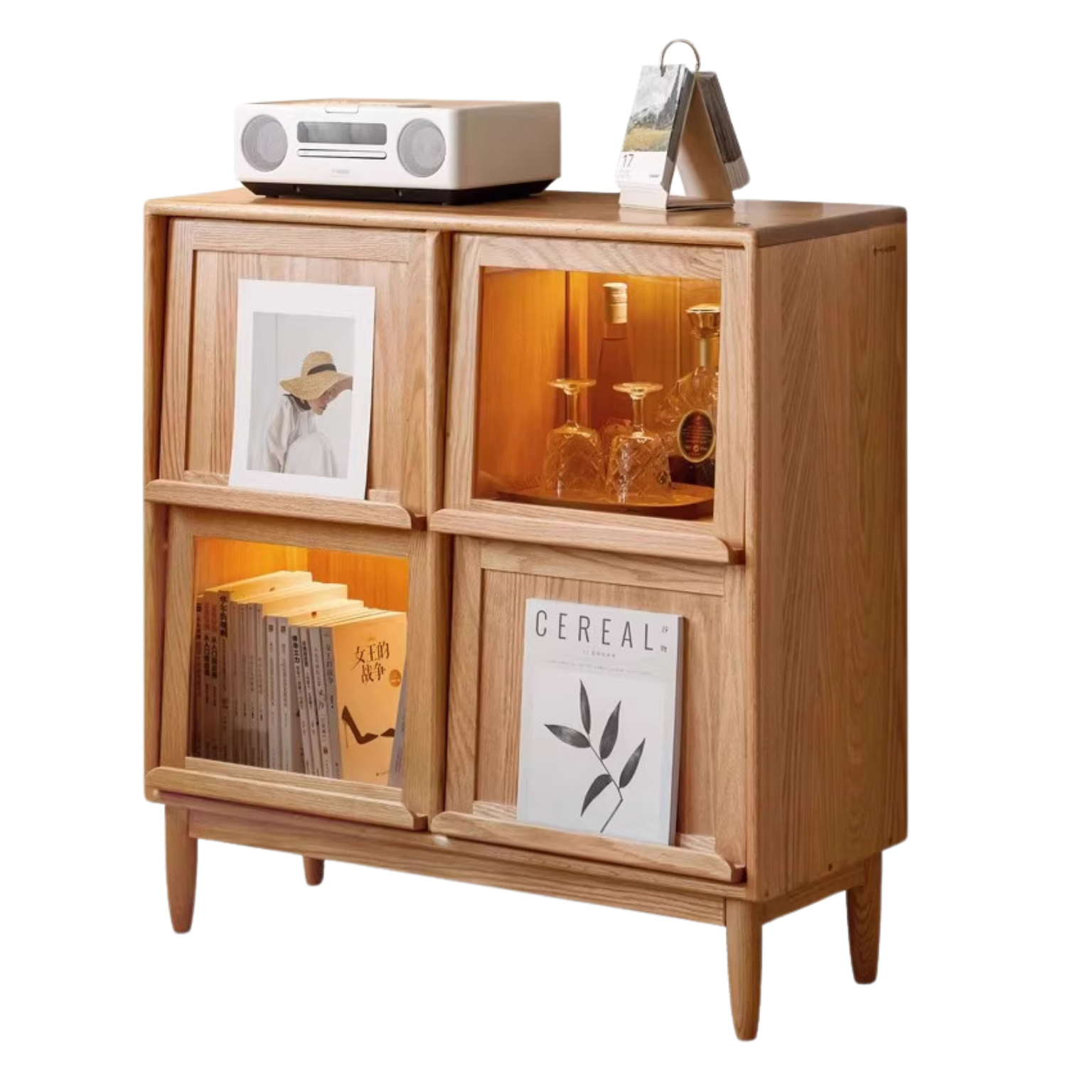 35.4x13.8x36.6 inch / 90x35x93 сm / Natural Wood Color / oak Bookcase with Four Flip Doors