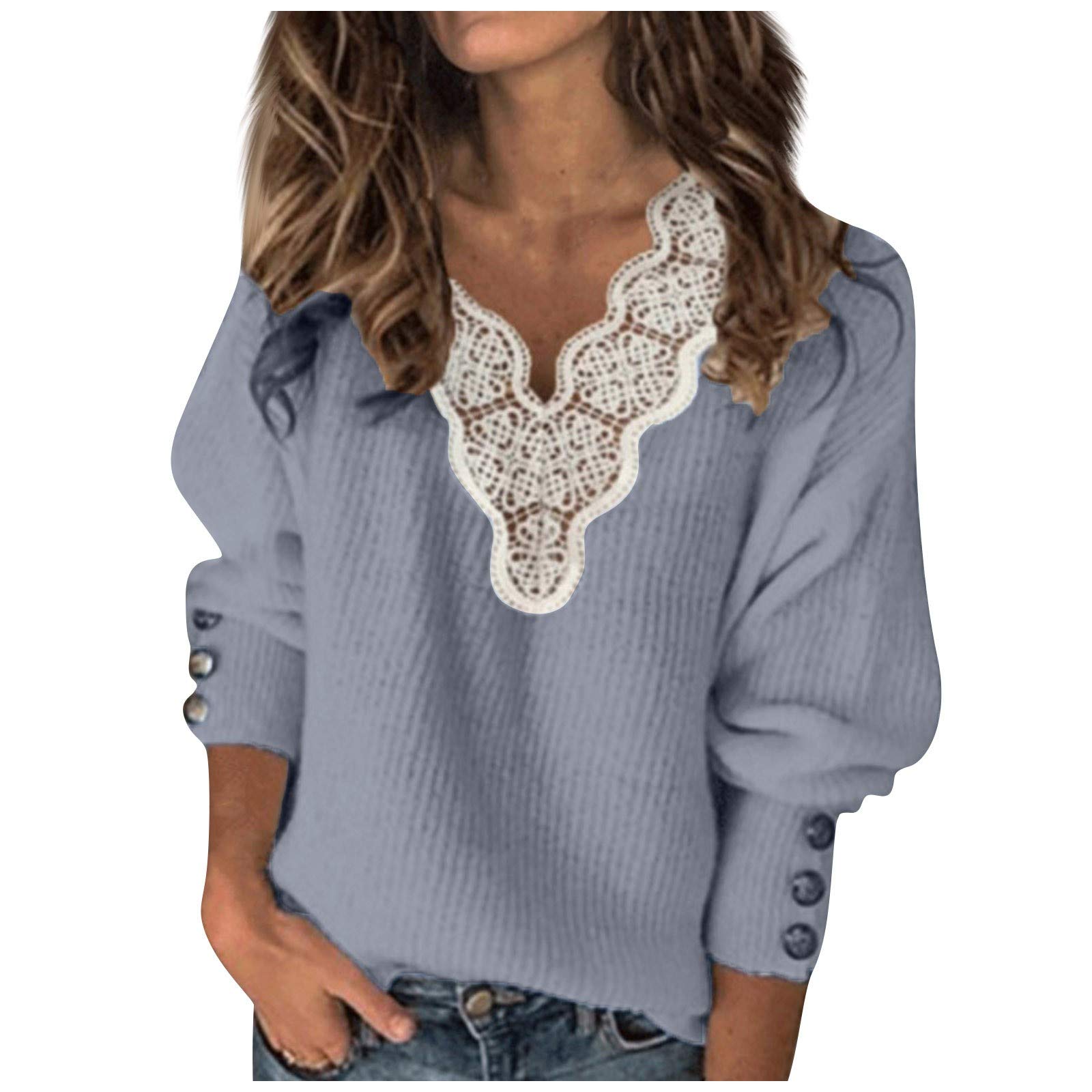 Women's Casual Long Sleeve V-Neck Lace Patchwork Sweatshirt - Loose Fit Solid Blouse Top for Everyday Wear, Date Night & Office Outfits