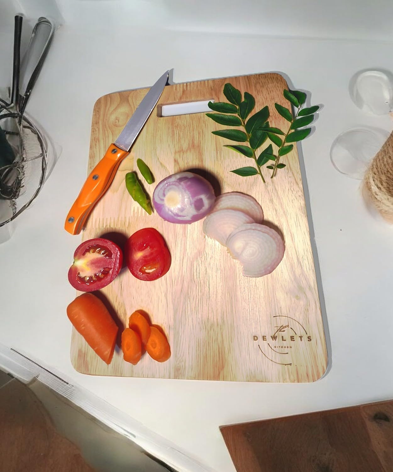 Premium Rubberwood Cutting Board - Durable, Eco-Friendly Kitchen Chopping Board with Non-Slip Base | Knife-Friendly Surface for Meat, Vegetables & Fruits | Perfect for Cooking, Serving & Food Prep - Dewlets Kitchen