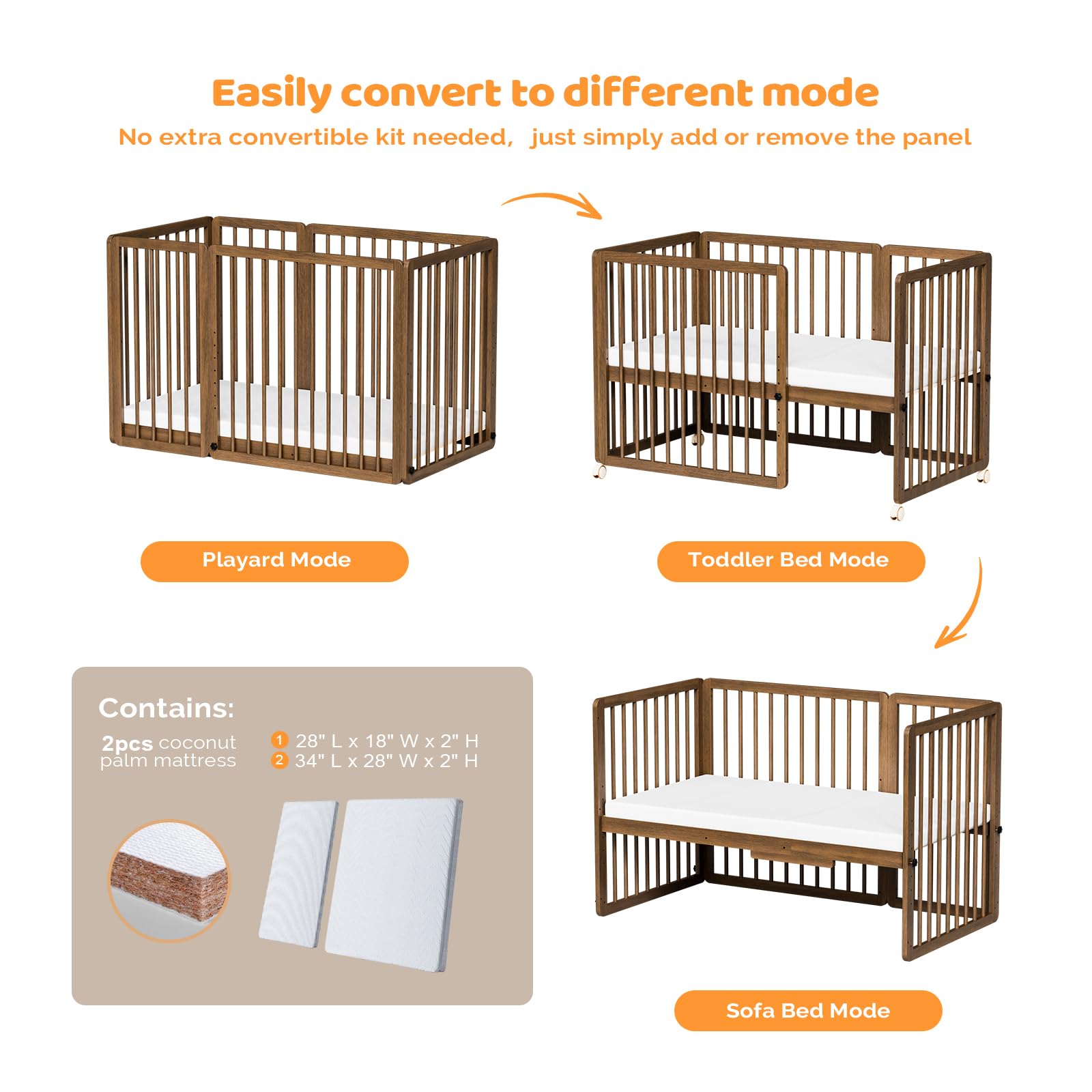 JOYMOR 8-in-1 Convertible Baby Crib with 2
