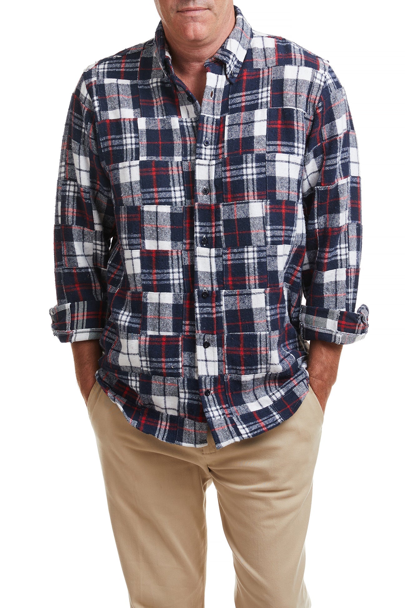 Straight Wharf Juno Patch Madras Flannel Shirt for Men - Casual Button Down Shirt with Unique Patch Design - Perfect for Outdoor Adventures, Beach Days, and Summer Camping Trips