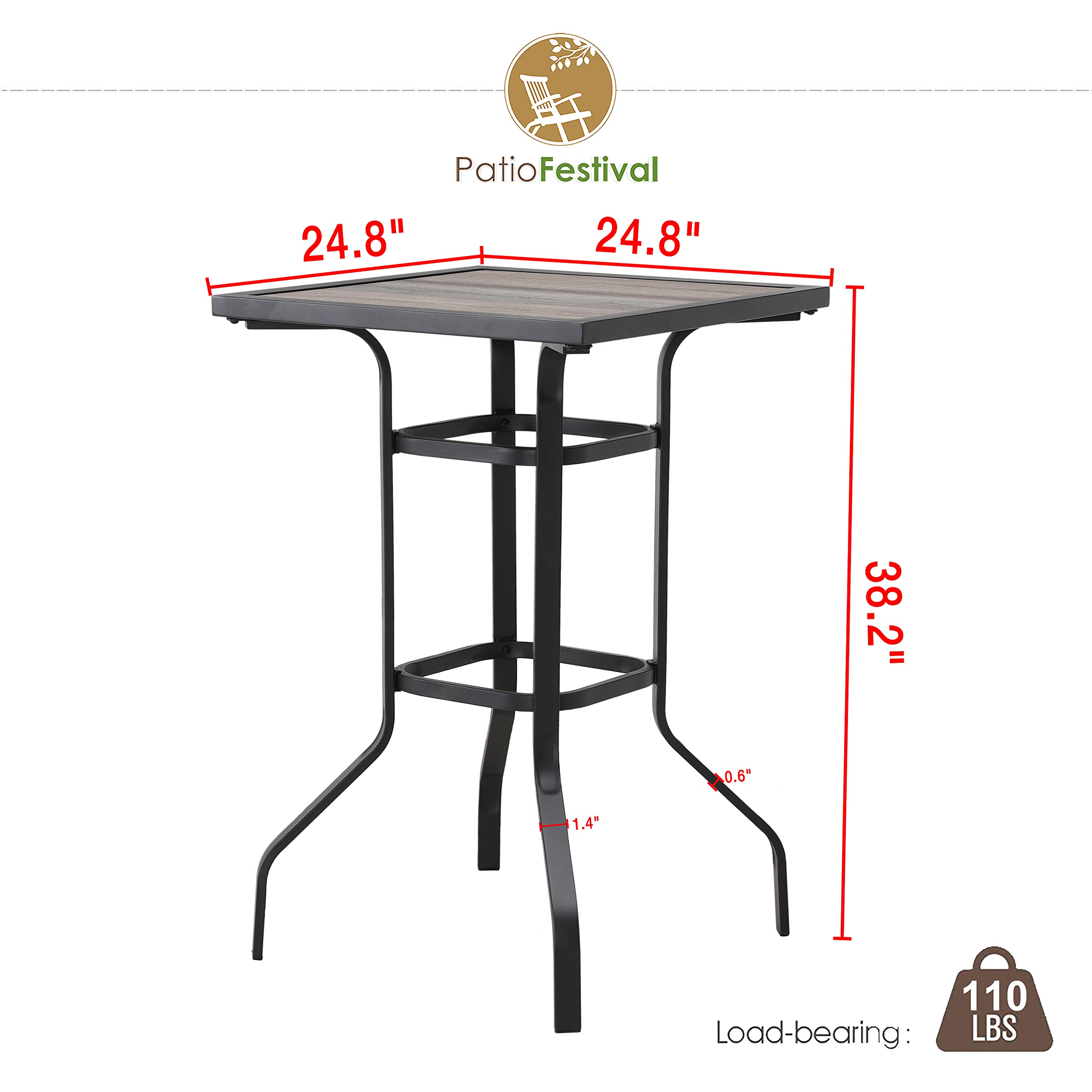 Outdoor Bistro Bar Height Table - All Weather Square Patio Bar Table with Wood-Like Metal Frame | Perfect for Backyard, Deck, Garden & Poolside Dining