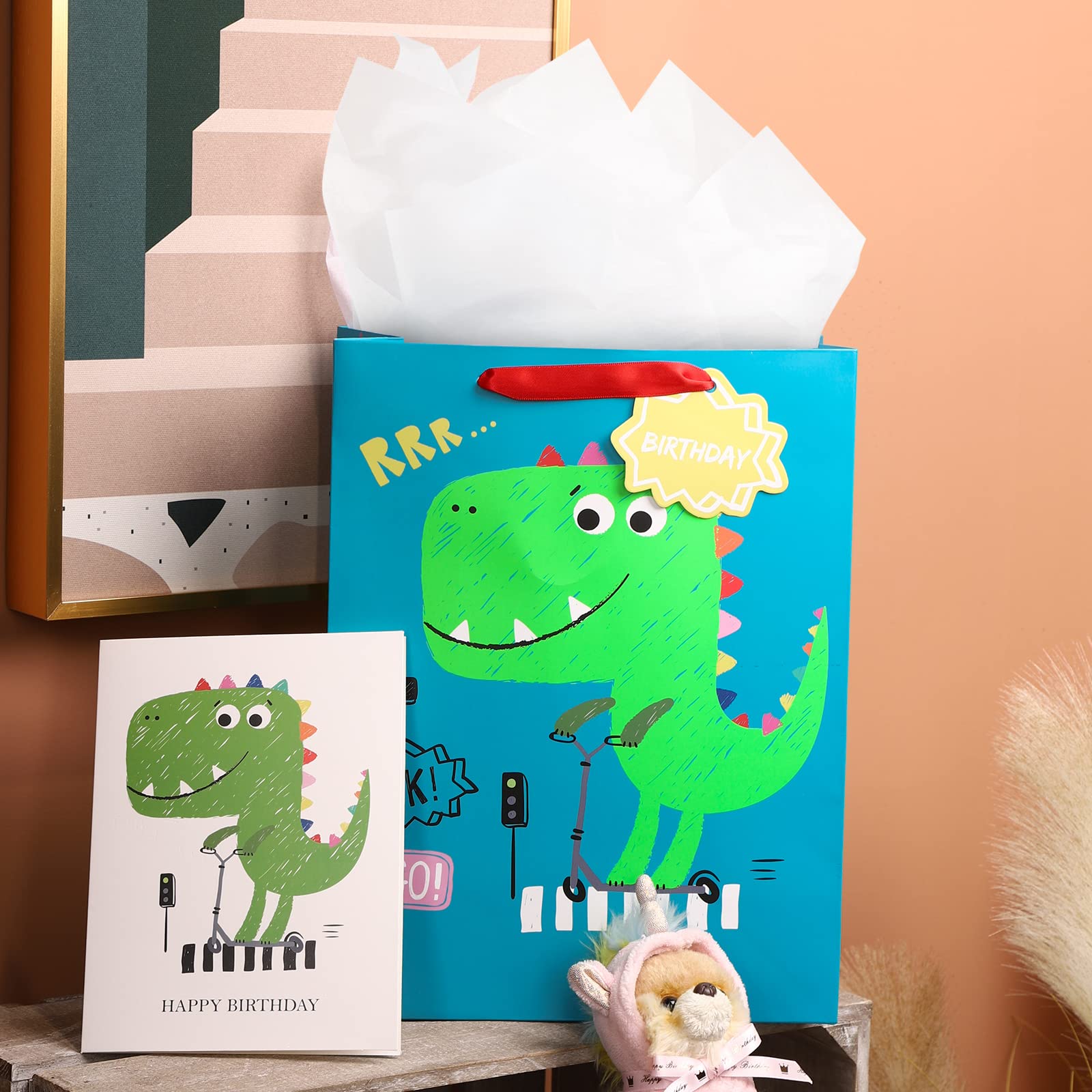 MAYPLUSS 13 Inch Large Dinosaur Themed Gift Bag for Boys - Includes Birthday Card & Tissue Paper | Perfect for Baby Showers, Birthday Parties, Newborn Gifts & Special Occasions | Great for School Events, Holiday Presents & Celebration Decorations