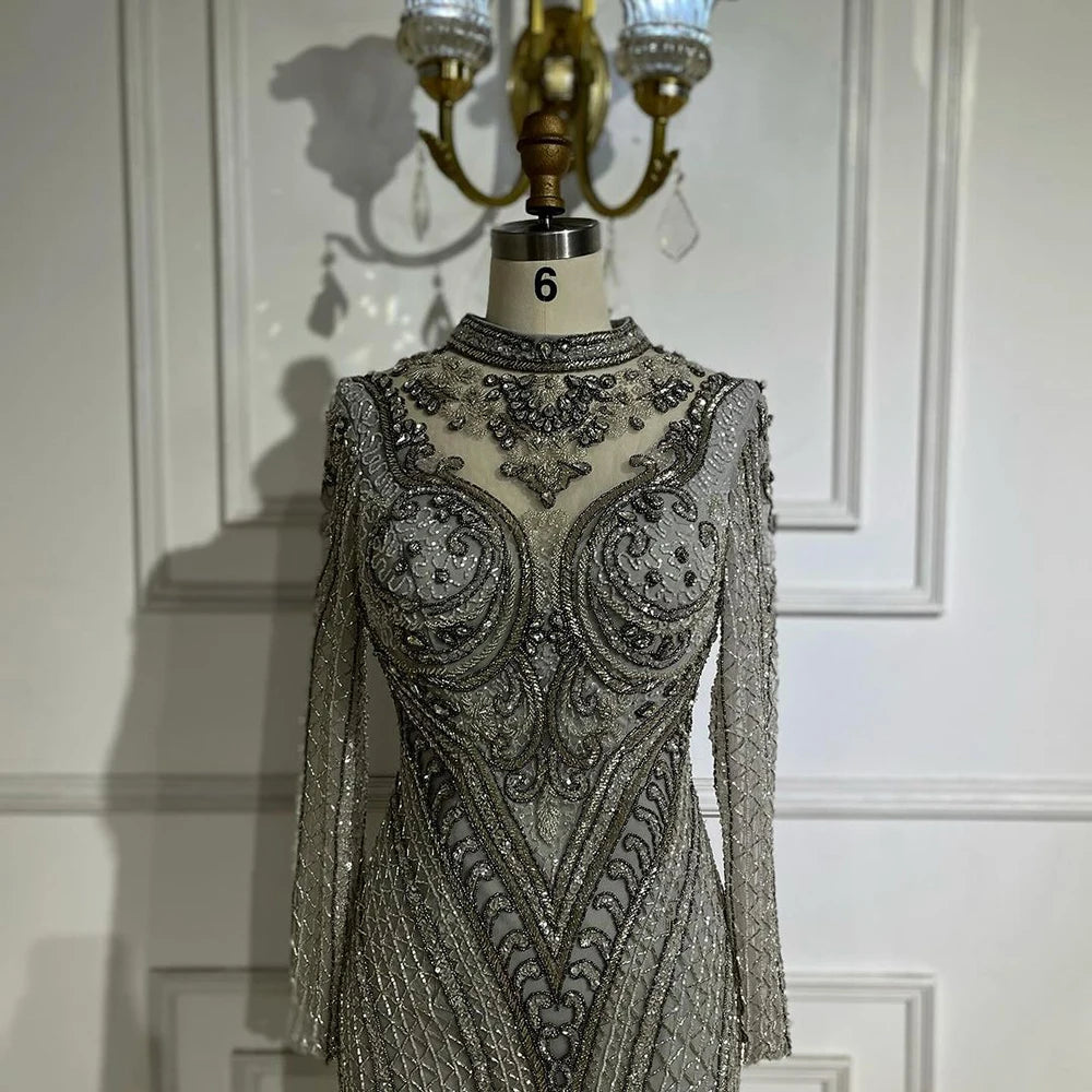 Elegant Dubai Gray Mermaid Evening Dress with Lace & Crystal Beads - Luxury Women's Gown for Wedding, Party & Special Occasions 2025 | LA72516 | Perfect for Prom, Red Carpet & Formal Events