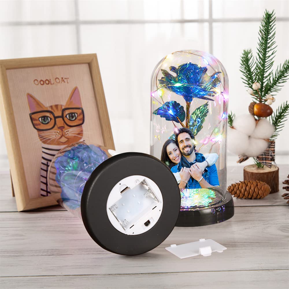 Custom Photo LED Rose in Glass Dome - Personalized Artificial Flower Gift for Women, Valentine's Day, Mother's Day, Birthday & Anniversary - Romantic Home Decor & Special Occasion Present