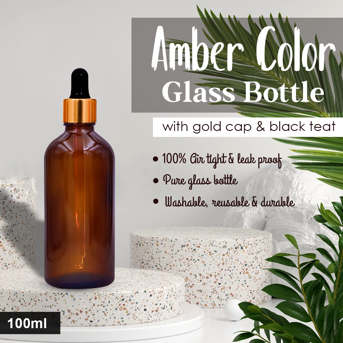 NSB Herbals 100ml Amber Round Empty Glass Bottle with Glass Dropper, Golden Ring & Black Silicone Teat - Refillable Essential Oil Container for DIY Perfumes, Aromatherapy, and Skincare (Pack of 1) - Perfect for Home, Spa, and Travel Use