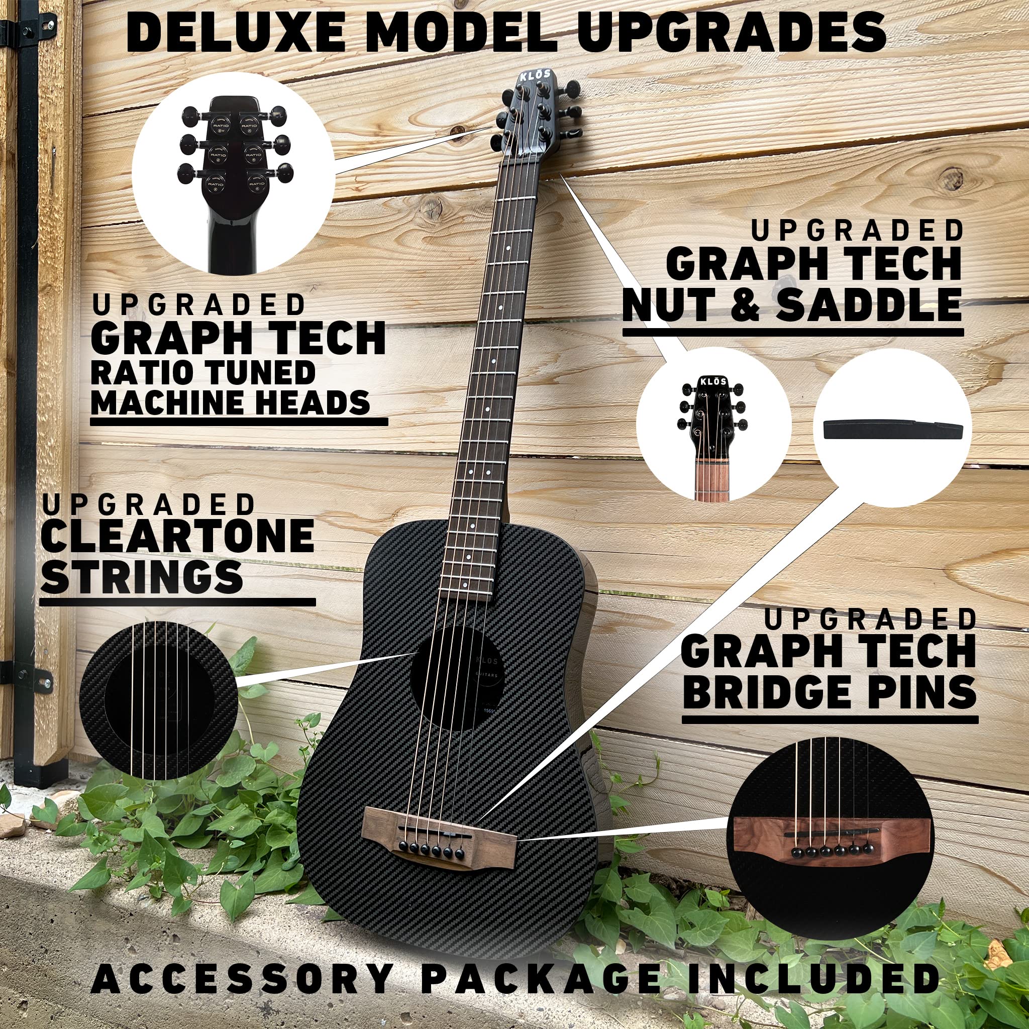 KLOS Travel Deluxe Carbon Fiber Acoustic Electric Guitar - Black | Lightweight & Durable | Includes Gig Bag, Strap, Capo | Perfect for Travel, Camping & Street Performances