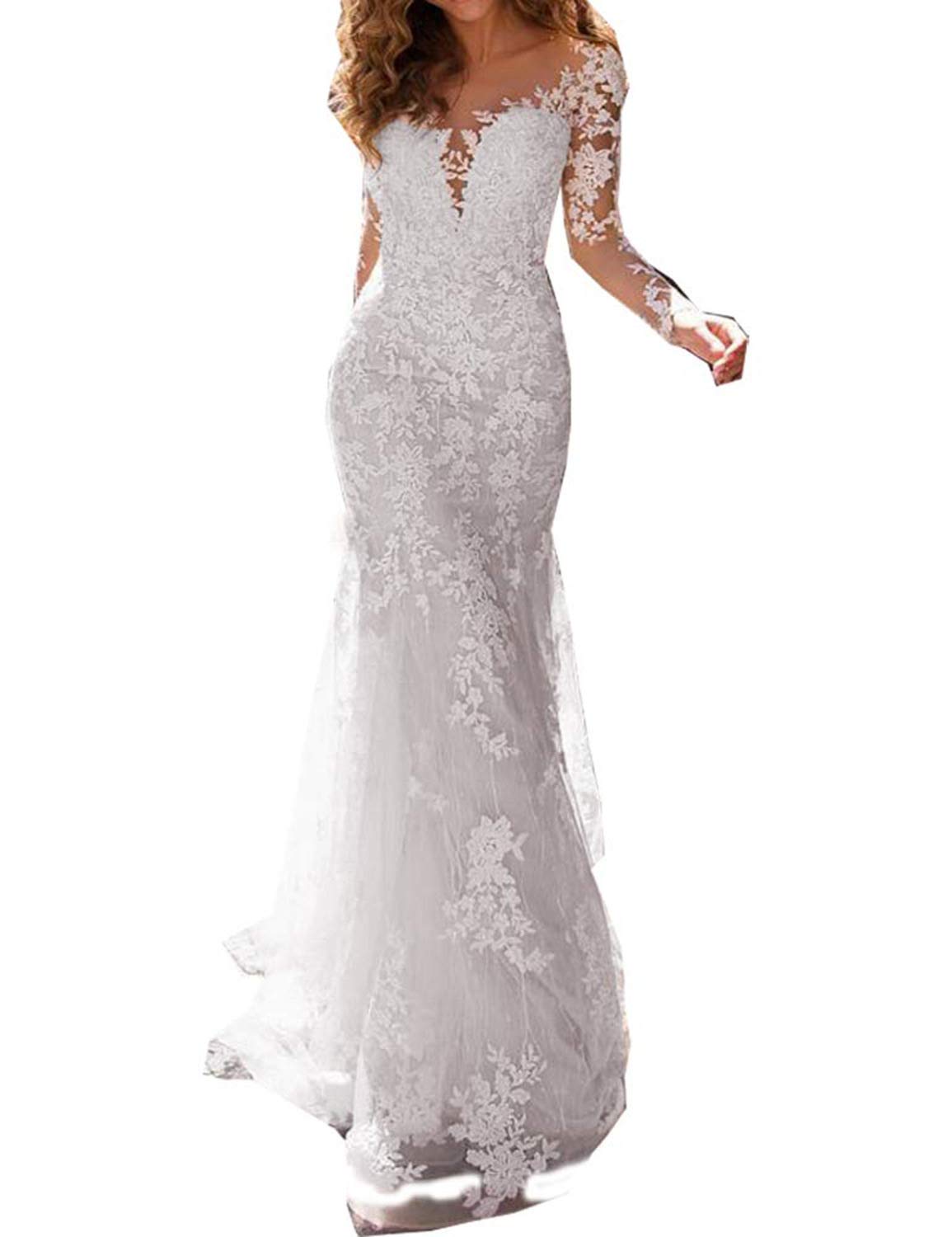 OLOEY Women's Elegant Mermaid Lace Wedding Dress with Long Sleeves - 2020 W02 Bridal Gown for Bride | Perfect for Beach Weddings, Church Ceremonies & Romantic Vows