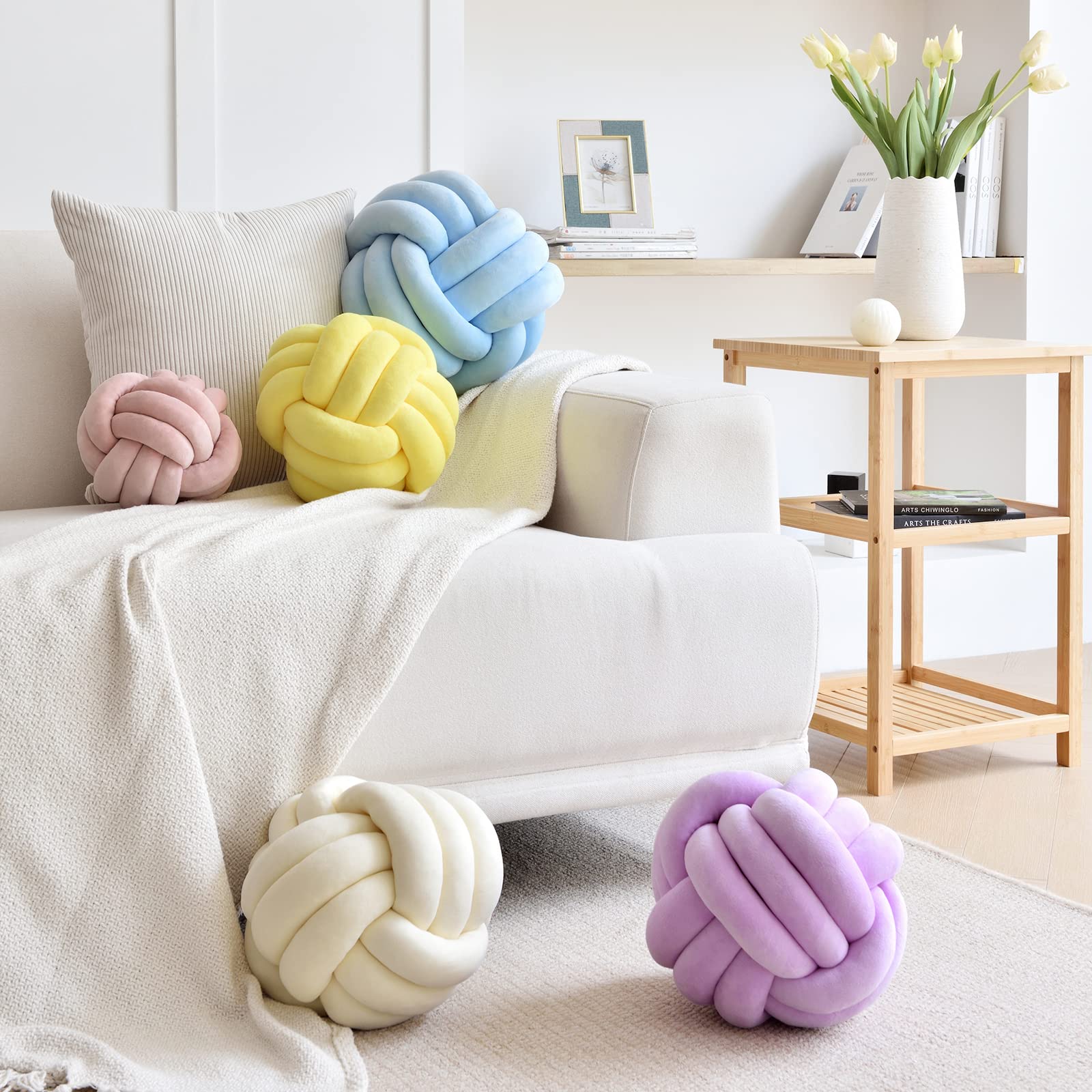 Sioloc Soft Knot Ball Pillows - Round Throw Pillow Cushion for Home Decor, Plush Knotted Handmade Pillow (7.8 Inches, Yellow) - Perfect for Sofa, Bed, Nursery & Cozy Living Room Accent