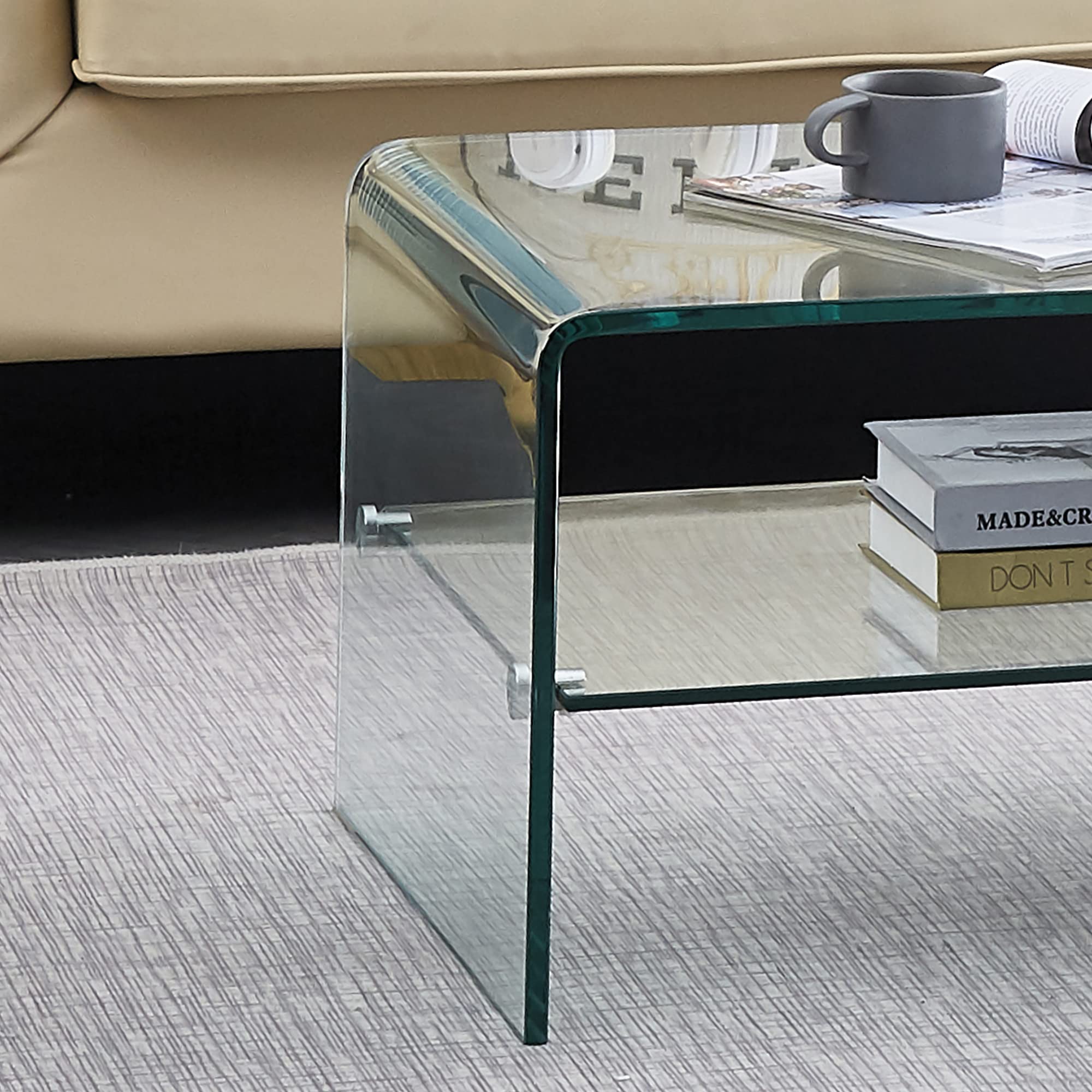 Modern Clear 2-Tier Waterfall Tempered Glass Coffee Table with Storage - 19.7