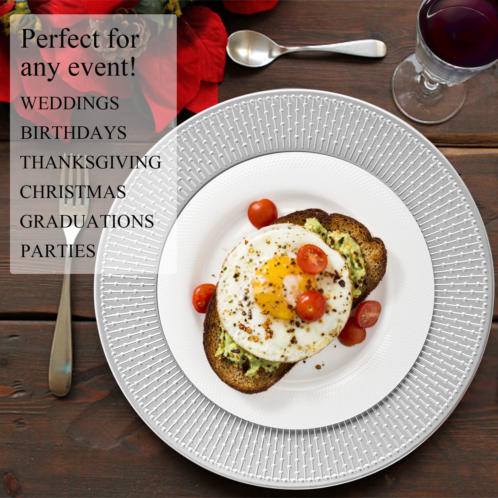 12 Pack Silver Charger Plates - 13 Inch Beaded Elegant Dinner Plates for Wedding, Party, Holiday & Special Events - Perfect for Table Decor, Buffet Serving & Formal Dining Settings
