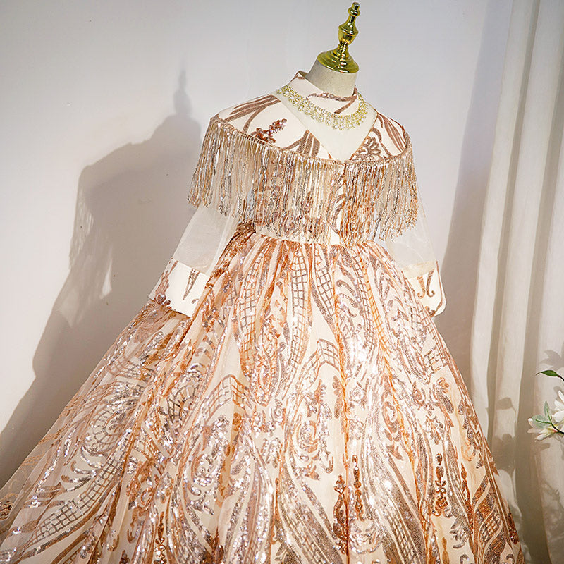 Sparkly Gold Sequin Flower Girl Dress with Long Sleeves - Elegant A-Line Princess Gown for Weddings, Pageants & Special Occasions
