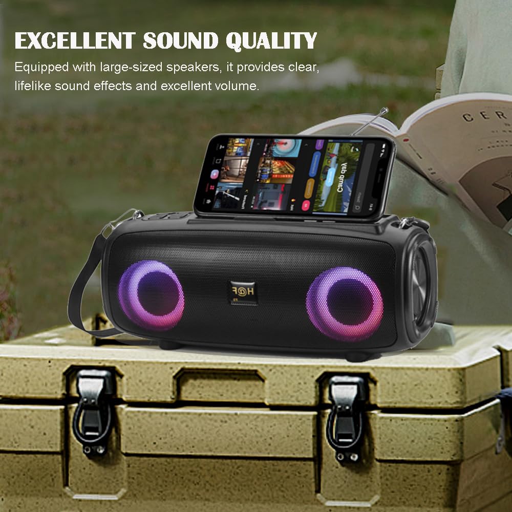 Solar Bluetooth Speaker with LED Marquee - Portable Wireless Outdoor Speaker with Solar Charging, FM Radio, Waterproof Design for Camping, Beach, Travel, Parties & Home Use (Black)