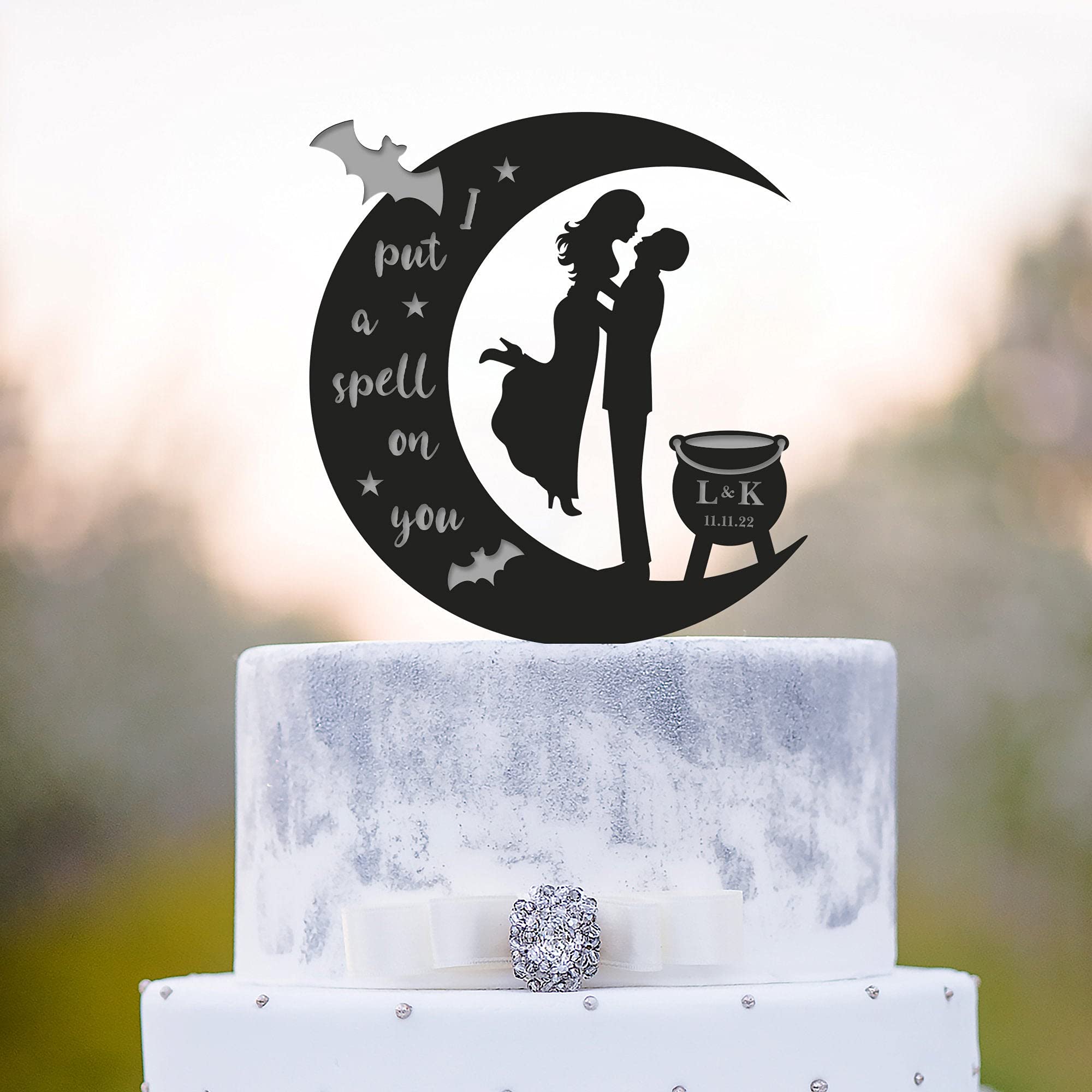 Personalized Moon Wedding Cake Topper - Bride & Groom with Moon Bat Design - Custom Cake Decor for Halloween, Gothic, or Celestial Theme Weddings - Perfect for Spooky, Romantic, or Witchy Couples