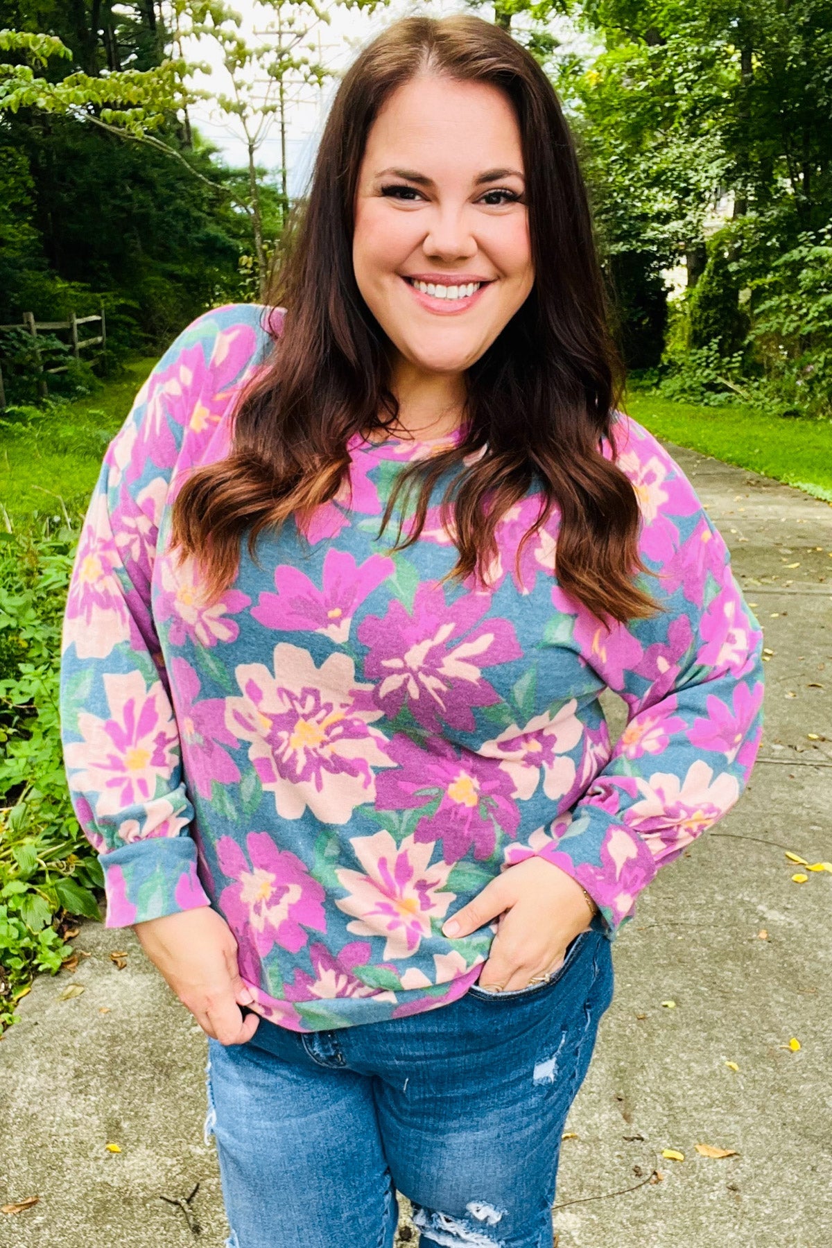 Feeling Femme Teal Floral Brushed Hacci Sweater Top | Women's Casual Knit Pullover | Perfect for Fall Outfits & Coffee Dates