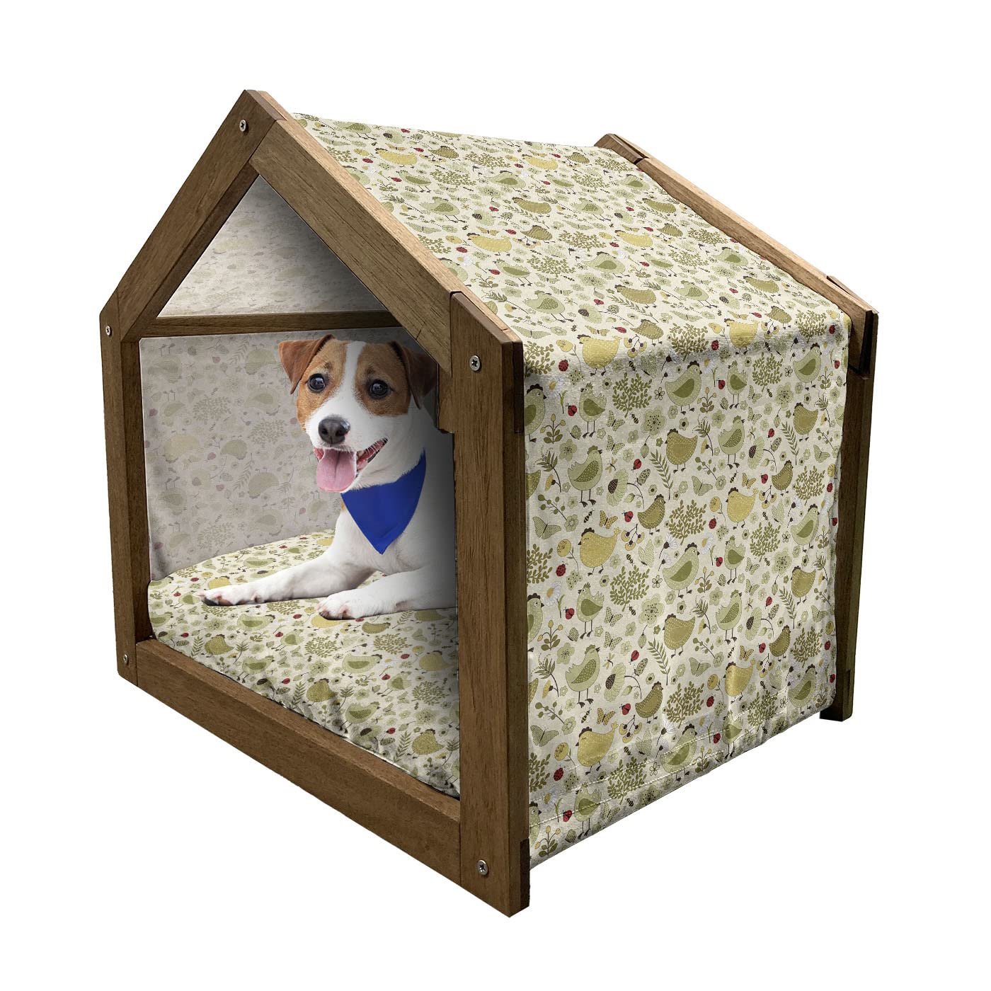 Ambesonne Spring Wooden Pet House - Chicken Ladybug & Bees Nature Design on Polka Dot Backdrop, Indoor & Outdoor Portable Dog Kennel with Pillow & Cover, Medium Size, Green Khaki - Perfect for Backyard, Patio, or Home Decor