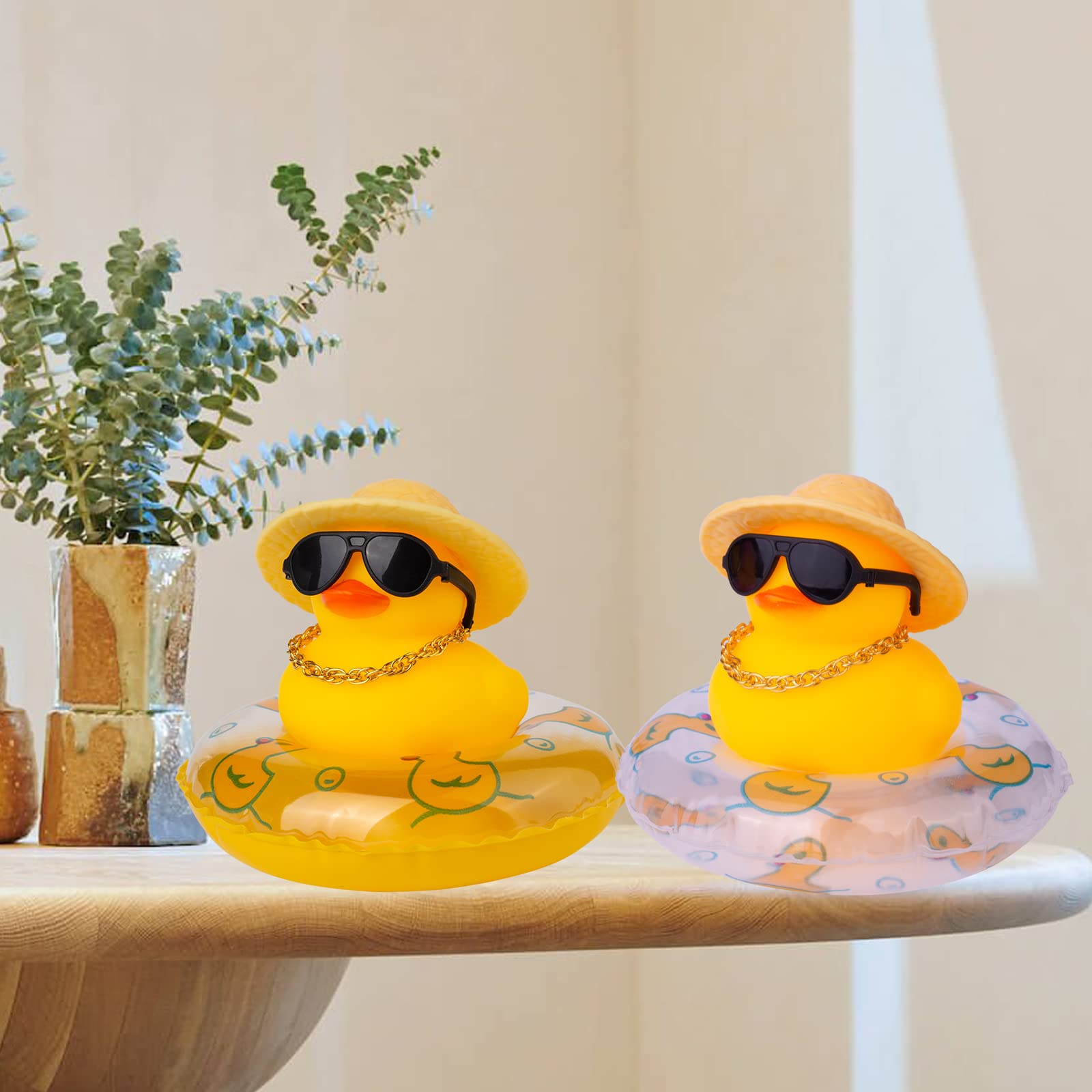 Funny Rubber Duck Car Dashboard Decorations - Cute Duck Ornaments with Mini Swim Ring, Sun Hat, Necklace & Sunglasses - Perfect for Car Accessories, Gifts, and Dashboard Decor