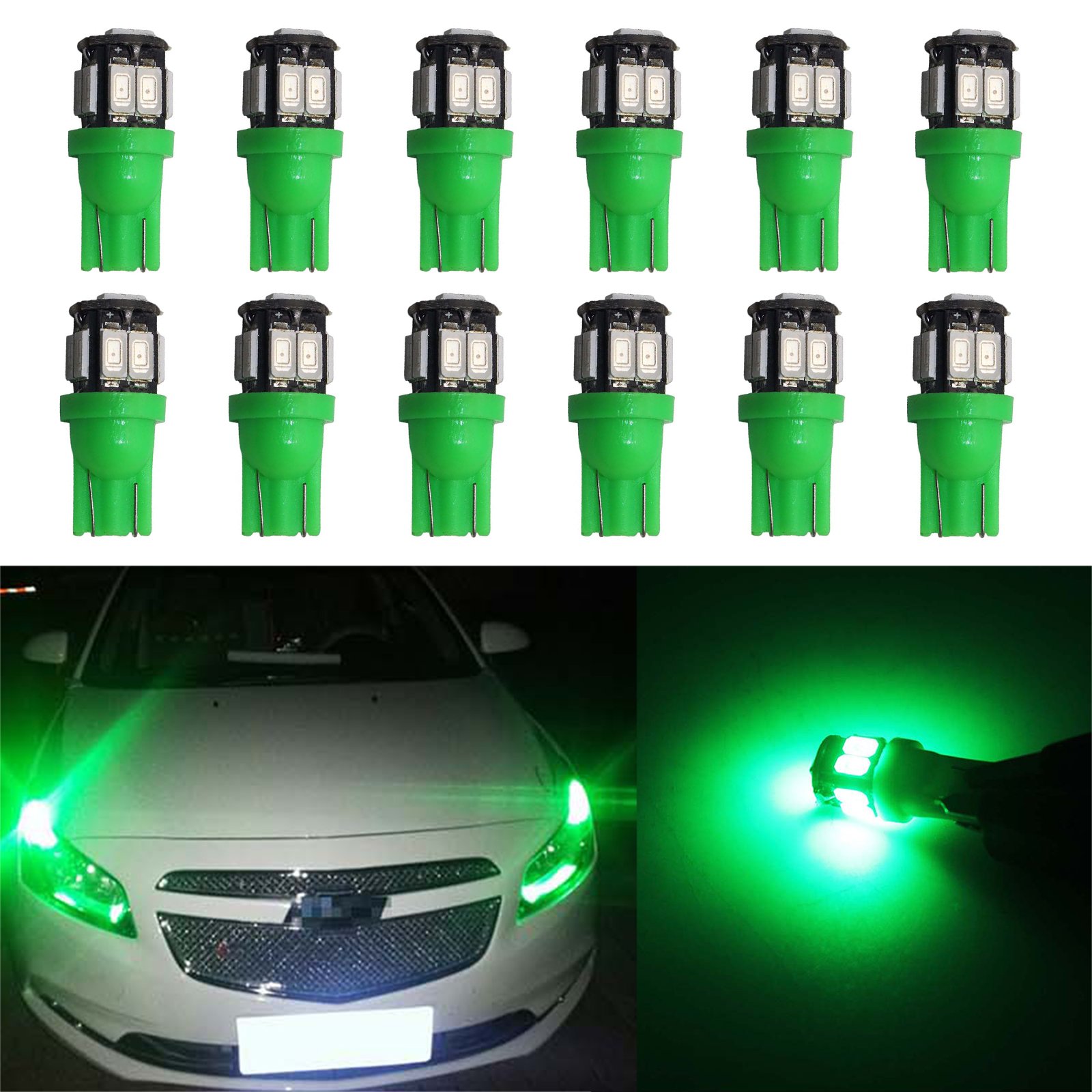 12 Pack T10 168 194 2825 W5W LED License Plate Lights - Green Bulbs (12pcs) for Cars, Trucks & SUVs - Compact Small Size for Easy Installation & Bright Illumination