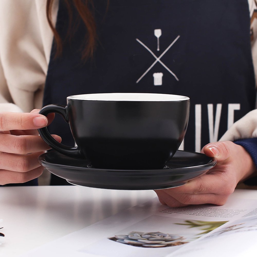 Premium Ceramic Coffee Cup and Saucer Set for Cappuccino, Latte Art & Manual Brew - Matte Black (8.5 oz) - Perfect for Home Baristas, Coffee Shops & Gift Giving