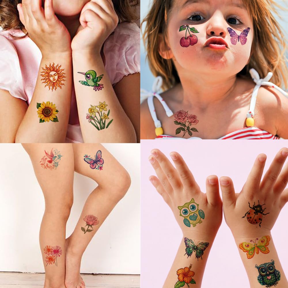 Glitter Temporary Tattoos for Girls - 10 Sheets with Flowers, Birds, Butterflies & Hearts | Kids Birthday Party Supplies, Gifts & Decorations | Perfect for Birthday Parties, Festivals, Themed Events & DIY Crafts