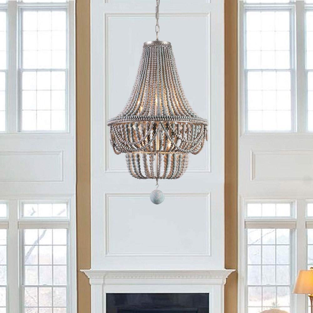 LOVEDIMA Wood Beaded Chandelier - Boho Empire Ceiling Light Fixture, Retro Classic 8-Light Pendant in Gray & Blue - Perfect for Dining Room, Bedroom, or Living Room Decoration