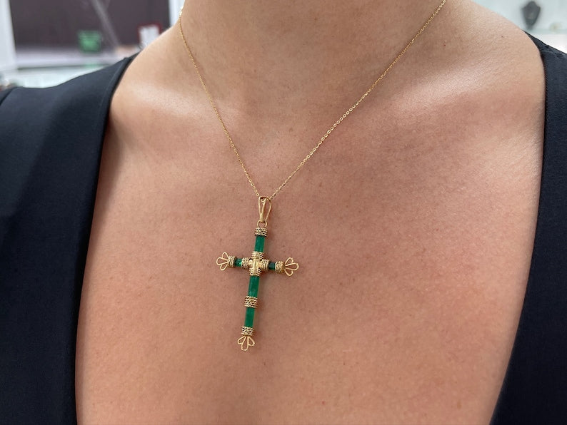 7.69tcw 18K Gold Colombian Emerald Cross Pendant - Genuine Rough Crystal Jewelry for Women - Perfect for Gifts, Weddings & Special Occasions