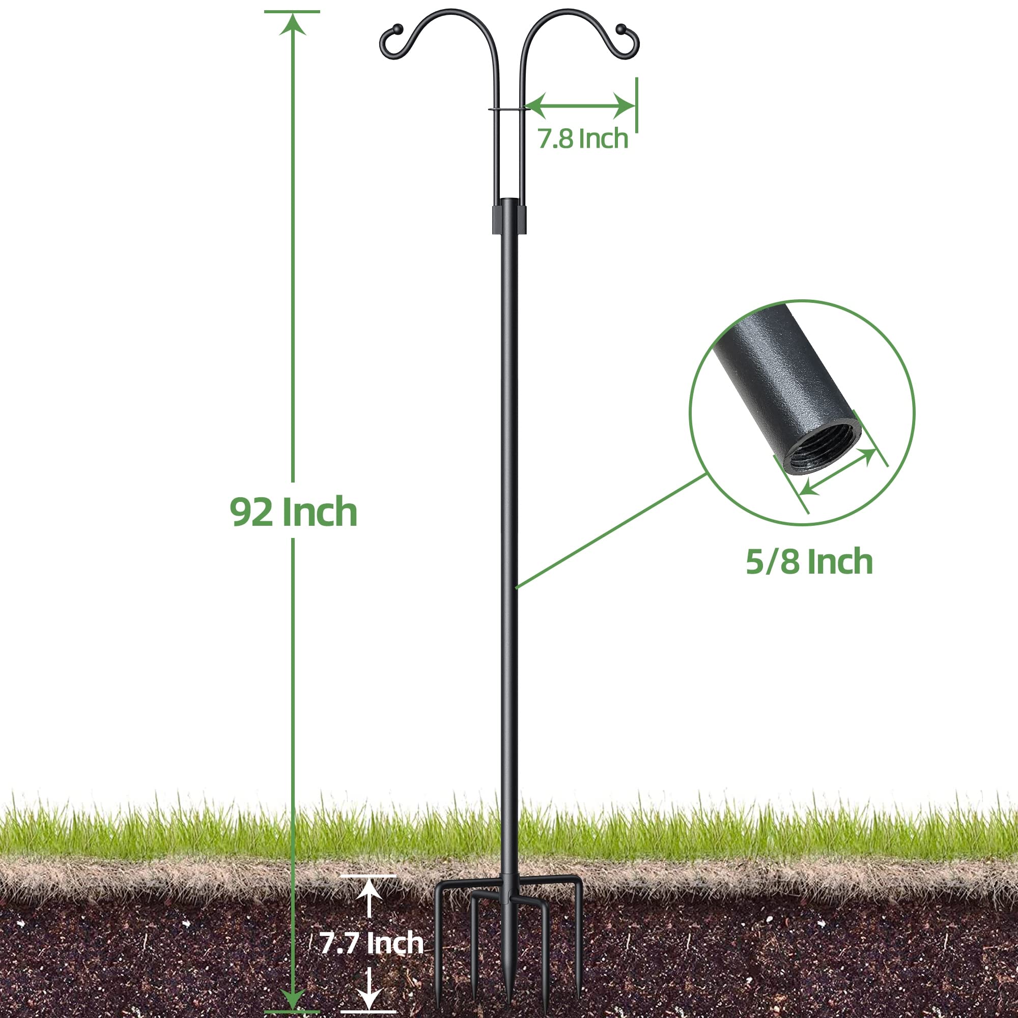 92 Inch Adjustable Double Shepherd's Hook - Heavy Duty Bird Feeder Pole with 5-Prong Base (2-Pack) - Matte Black Outdoor Plant Hanger for Garden, Solar Lights & Wedding Decor - Perfect for Backyard, Patio and Landscape Decoration