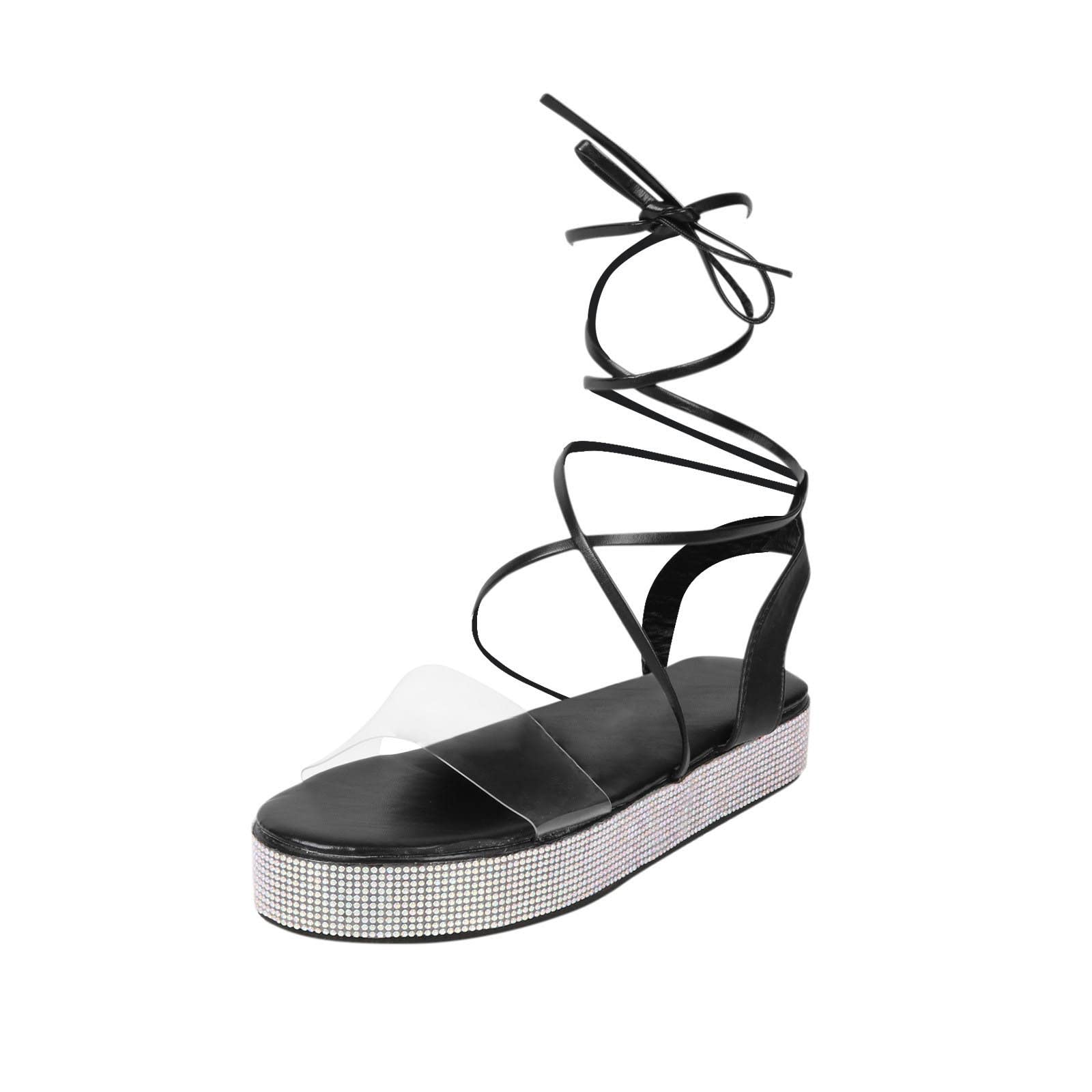 Sparkly Rhinestone Platform Sandals for Women - Summer Casual Clear Strap Open Toe Cross Strappy Lace Up Sandals - Comfortable Outdoor Beach Shoes & Slippers - Perfect for Pool Parties, Vacations and Summer Outings