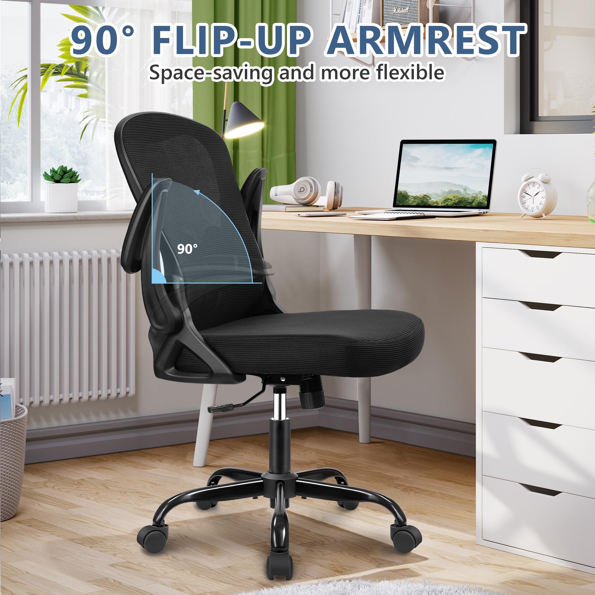 Ergonomic Mesh Office Chair with Adjustable Lumbar Support - Breathable Swivel Computer Desk Chair, Mid Back Task Chair with Flip-Up Armrests for Home & Office Workspace - Perfect for Long Hours of Sitting, Gaming, or Remote Work (Black)