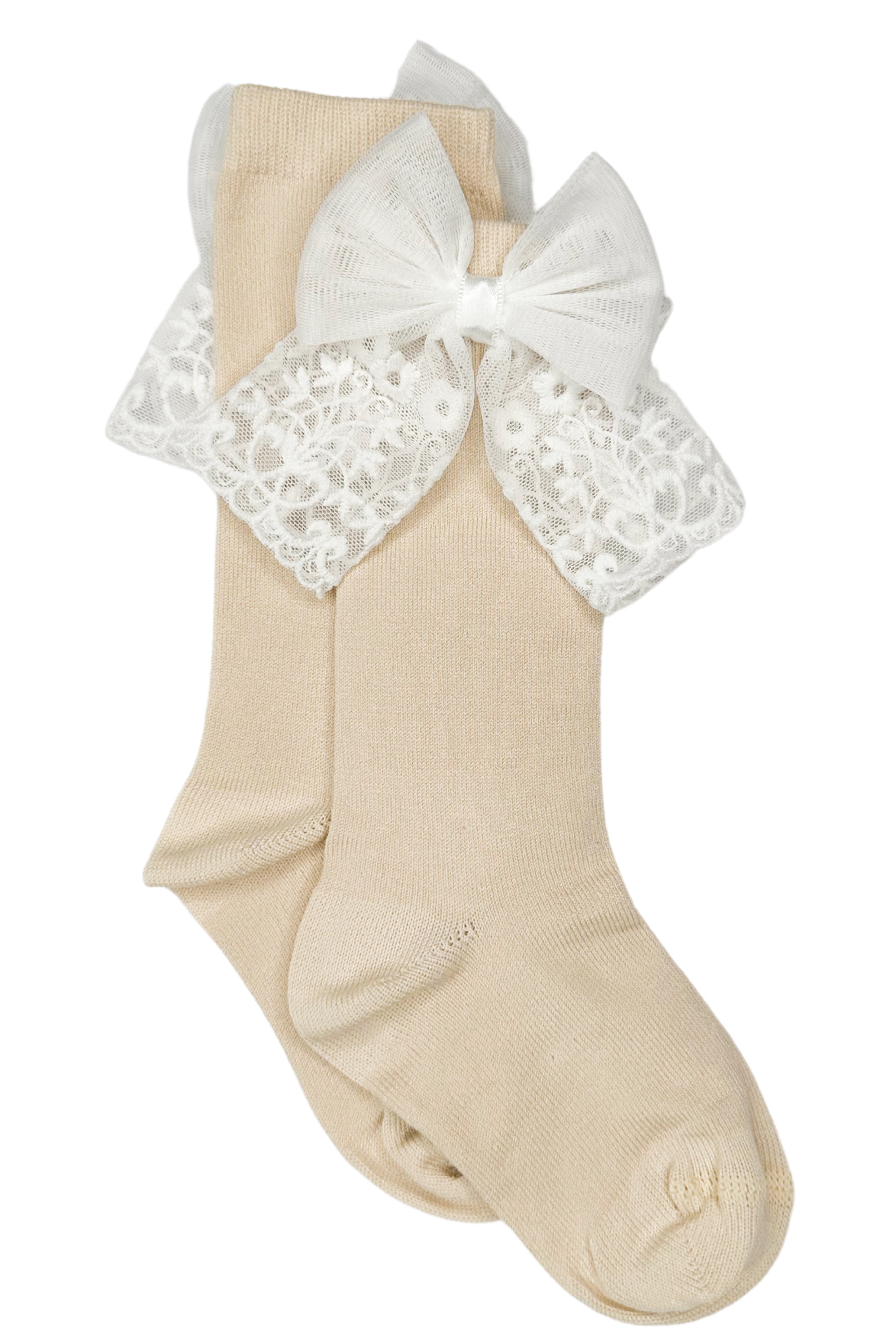 Elegant Champagne Lace Bow Knee High Socks for Women - Fashionable Thigh High Stockings for Party, Cosplay, and Vintage Outfits