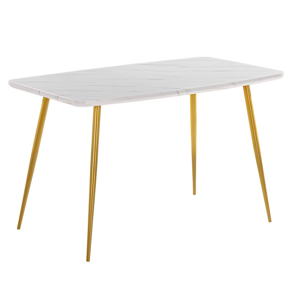 Modern White Gold Rectangular Dining Table with Golden Metal Legs - Elegant 4-6 Person Dinner Table, Simple Home Office Writing Desk Workstation (Table Only) - Perfect for Family Dining, Entertaining Guests & Home Office Workspace