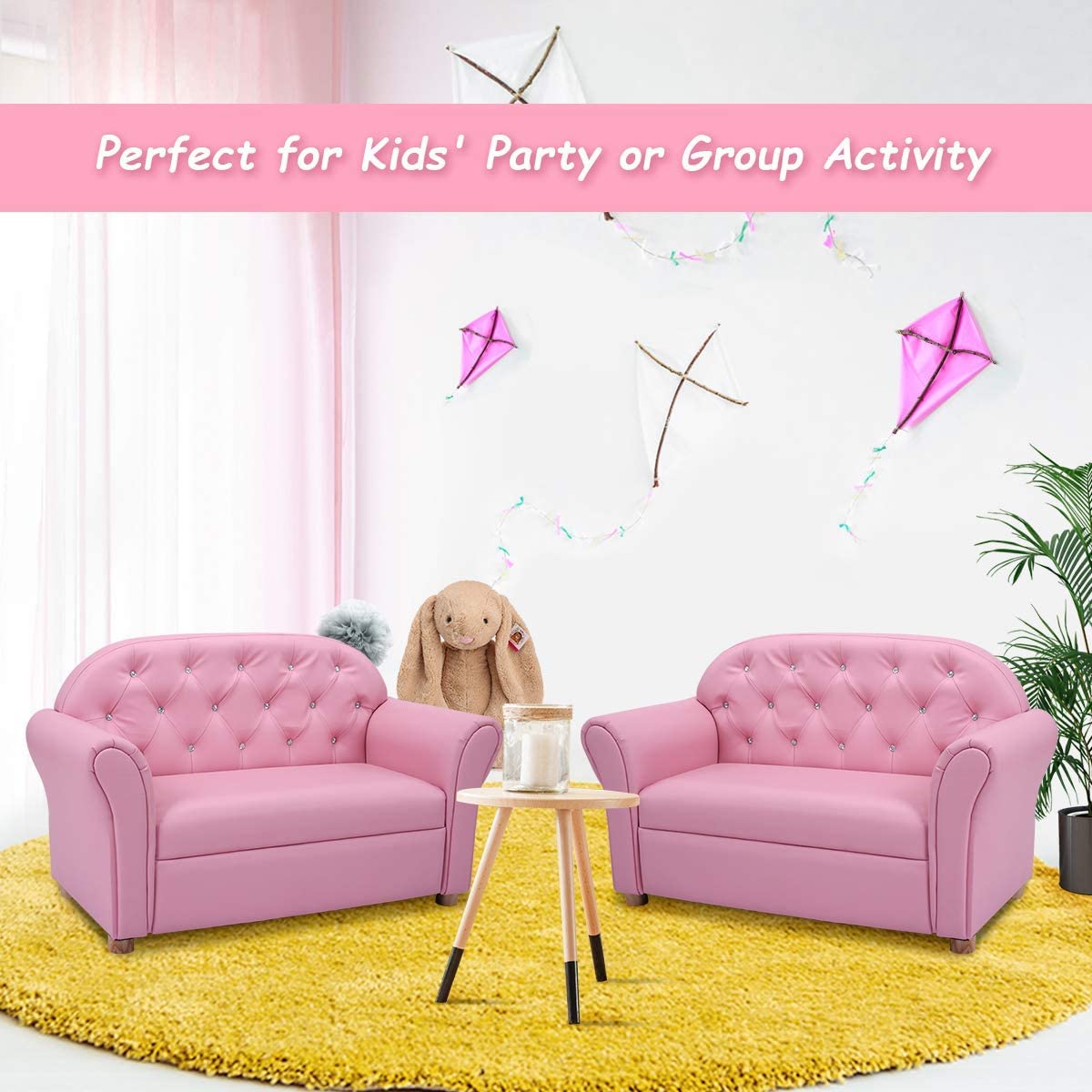 Fireflowery 37-inch Kids Sofa - Sturdy Wood Frame & PU Leather Upholstered Play Couch with Double Foam Padding - Toddler Lounge Chair for Preschool Girls (Pink) - Perfect for Playrooms, Bedrooms & Daycare Centers