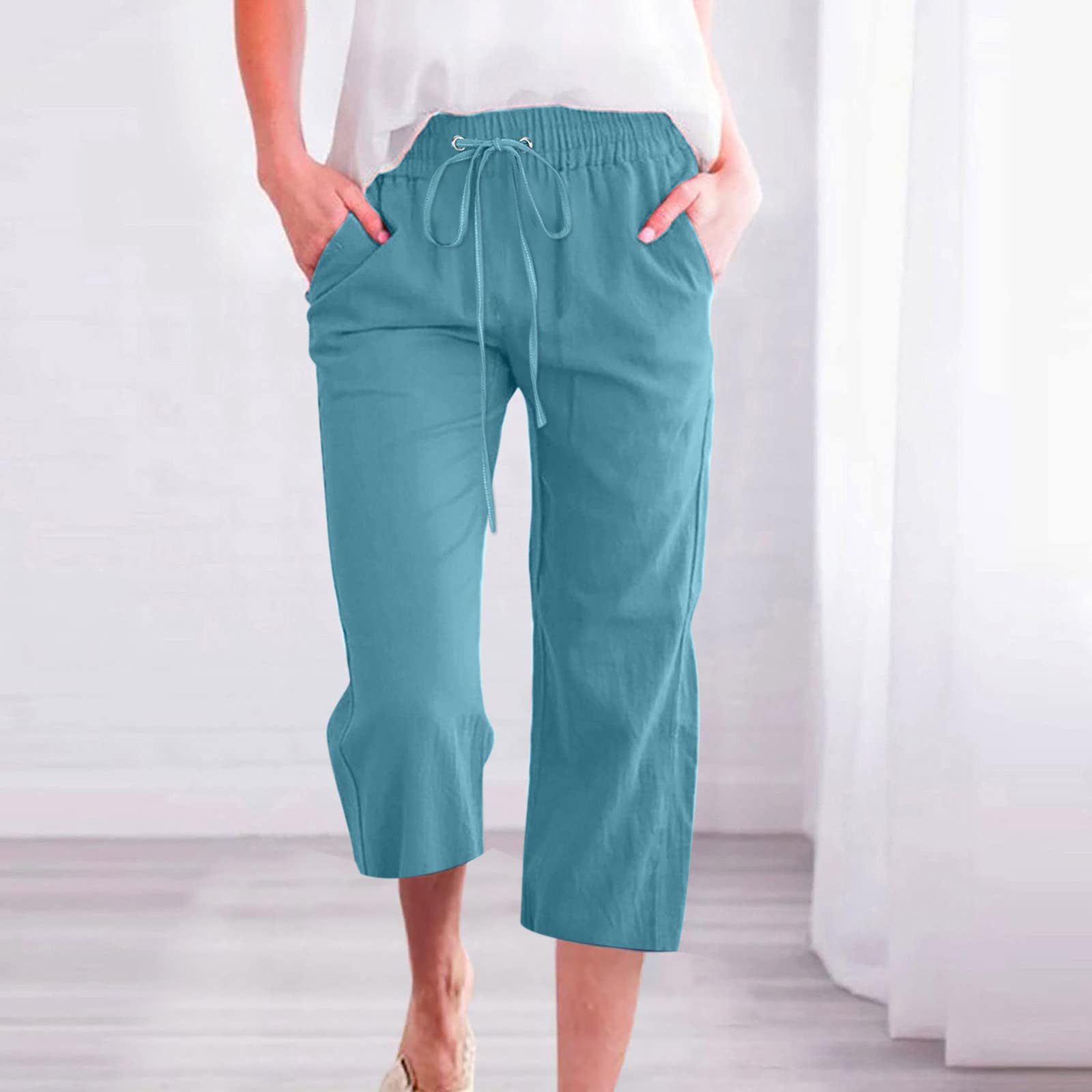 Women's Cotton Linen Capri Pants - Casual Summer Drawstring Elastic Waist Wide Leg Pants with Pockets | Perfect for Beach, Vacation & Everyday Wear