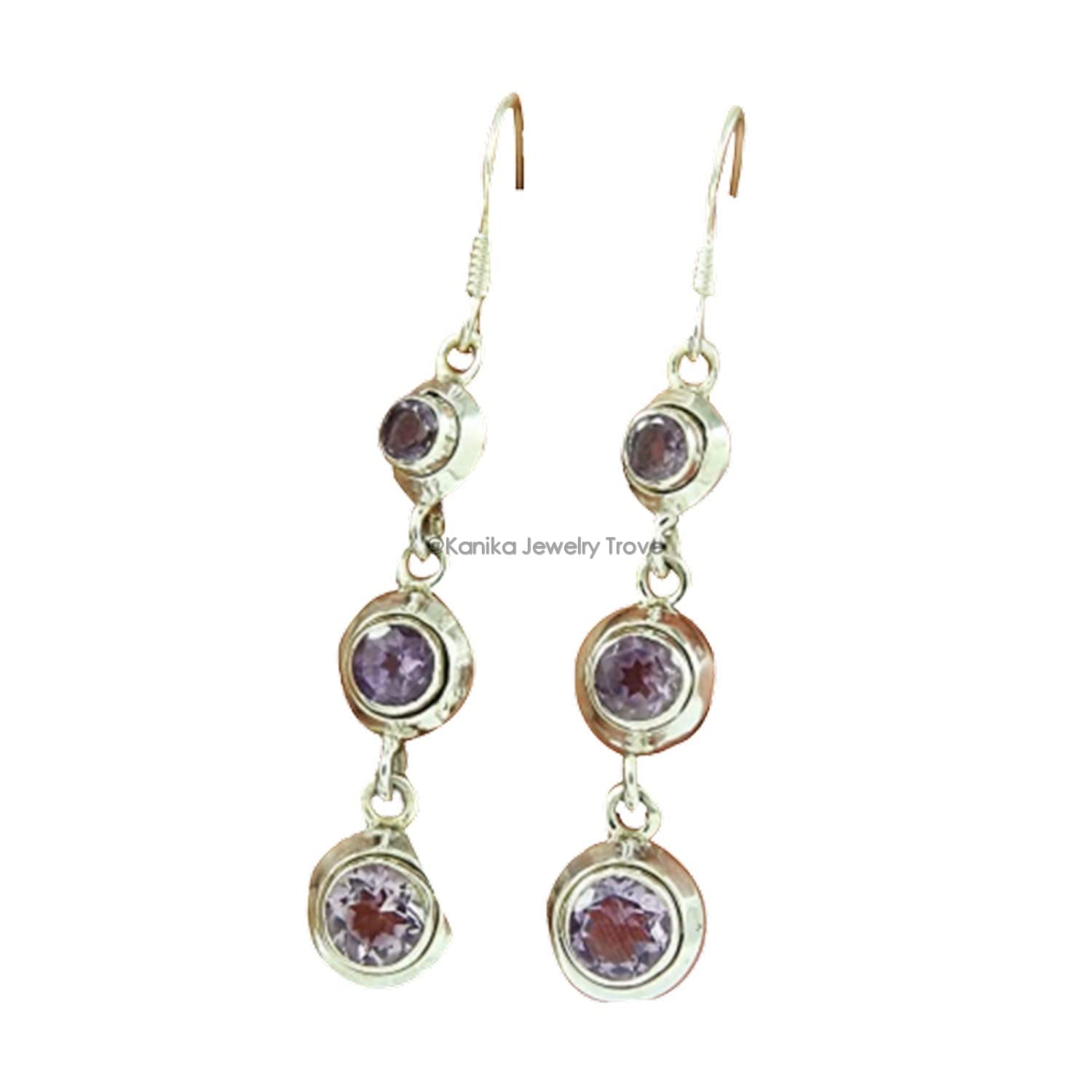3 Tier 925 Sterling Silver Handmade Dangle Hook Earrings with Natural Amethyst Round Gemstones | Elegant Women's Jewelry for Parties, Weddings & Special Occasions