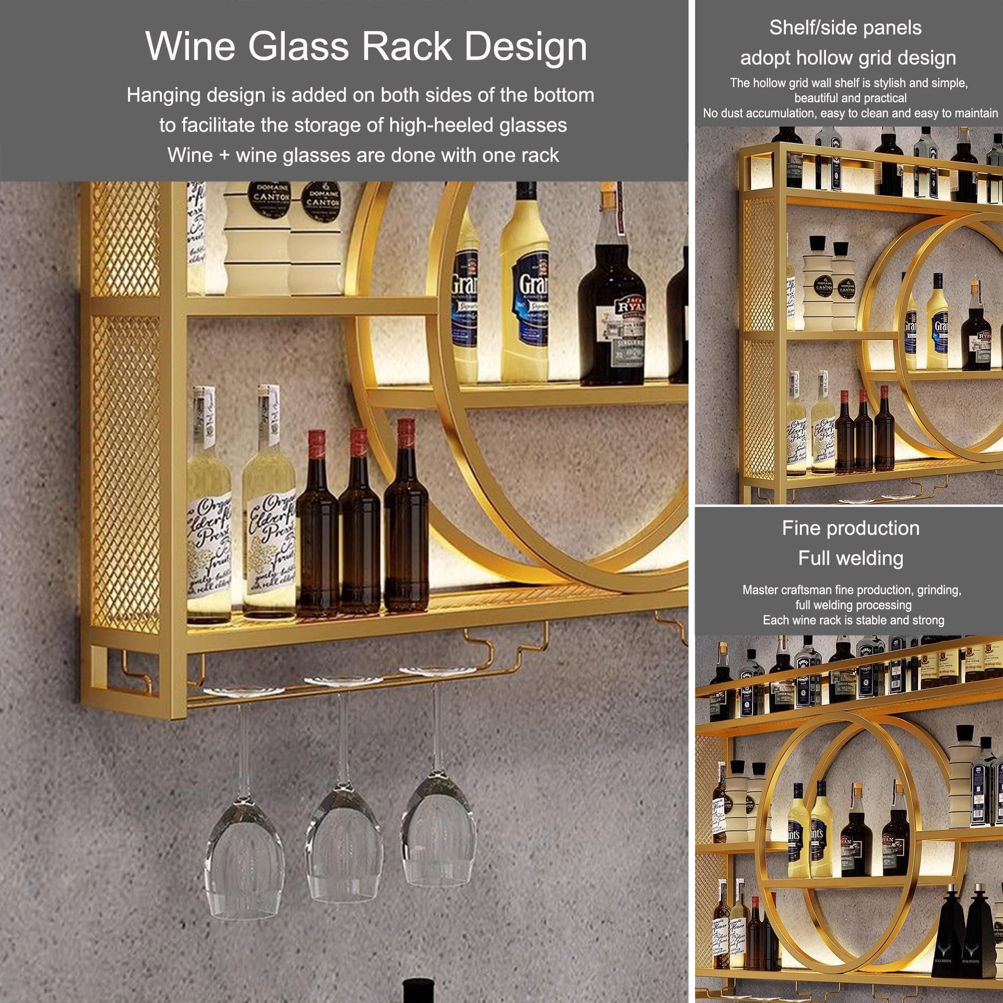 Wall Mounted Wine Rack with LED Lights - Floating Bar Shelves for Liquor Bottles & Wine Glass Storage - Modern Home Bar Cabinet for Kitchen, Dining Room, Living Room - Perfect for Entertaining Guests & Displaying Your Wine Collection