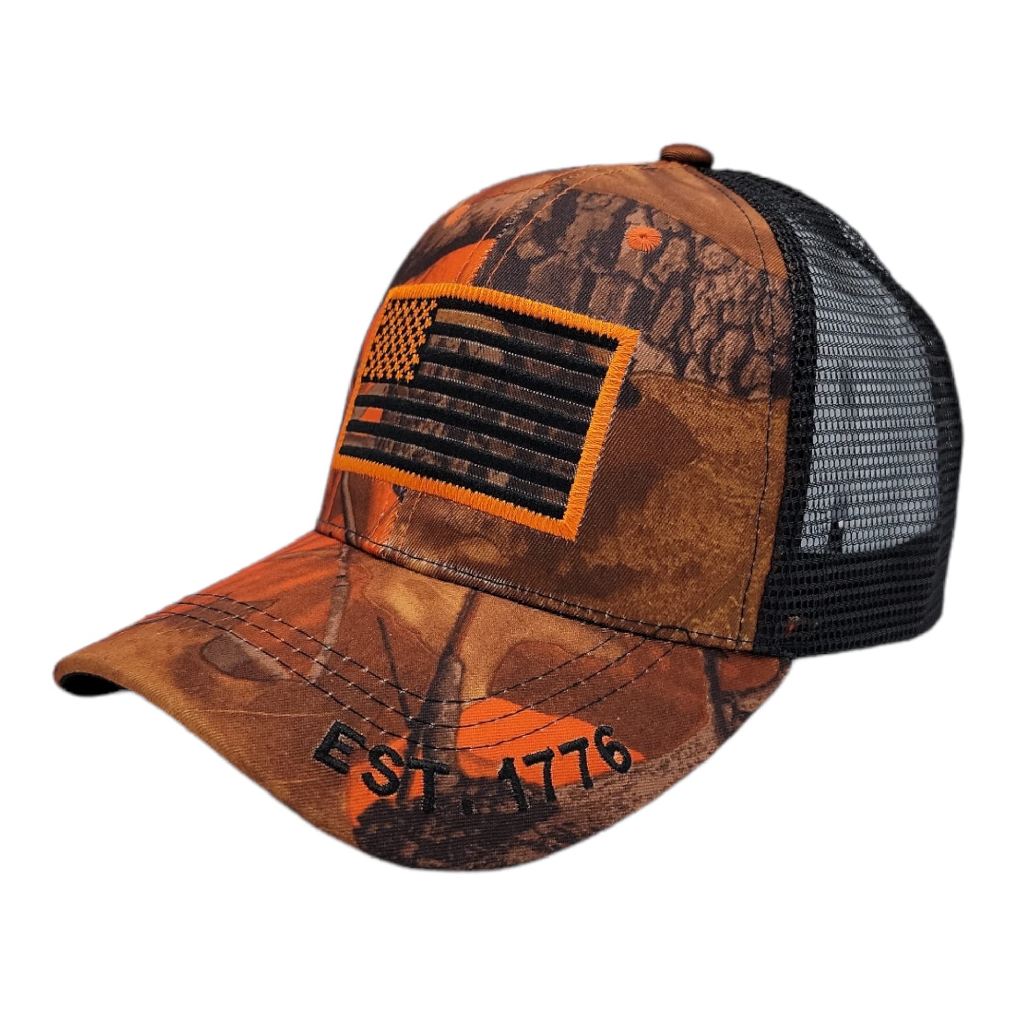 USA Flag EST 1776 Patriotic Mesh Trucker Hat - Lightweight Breathable Baseball Cap for Men & Women (Orange Tree Camo) - Perfect for 4th of July, Veterans Day, Outdoor Sports & BBQ Parties