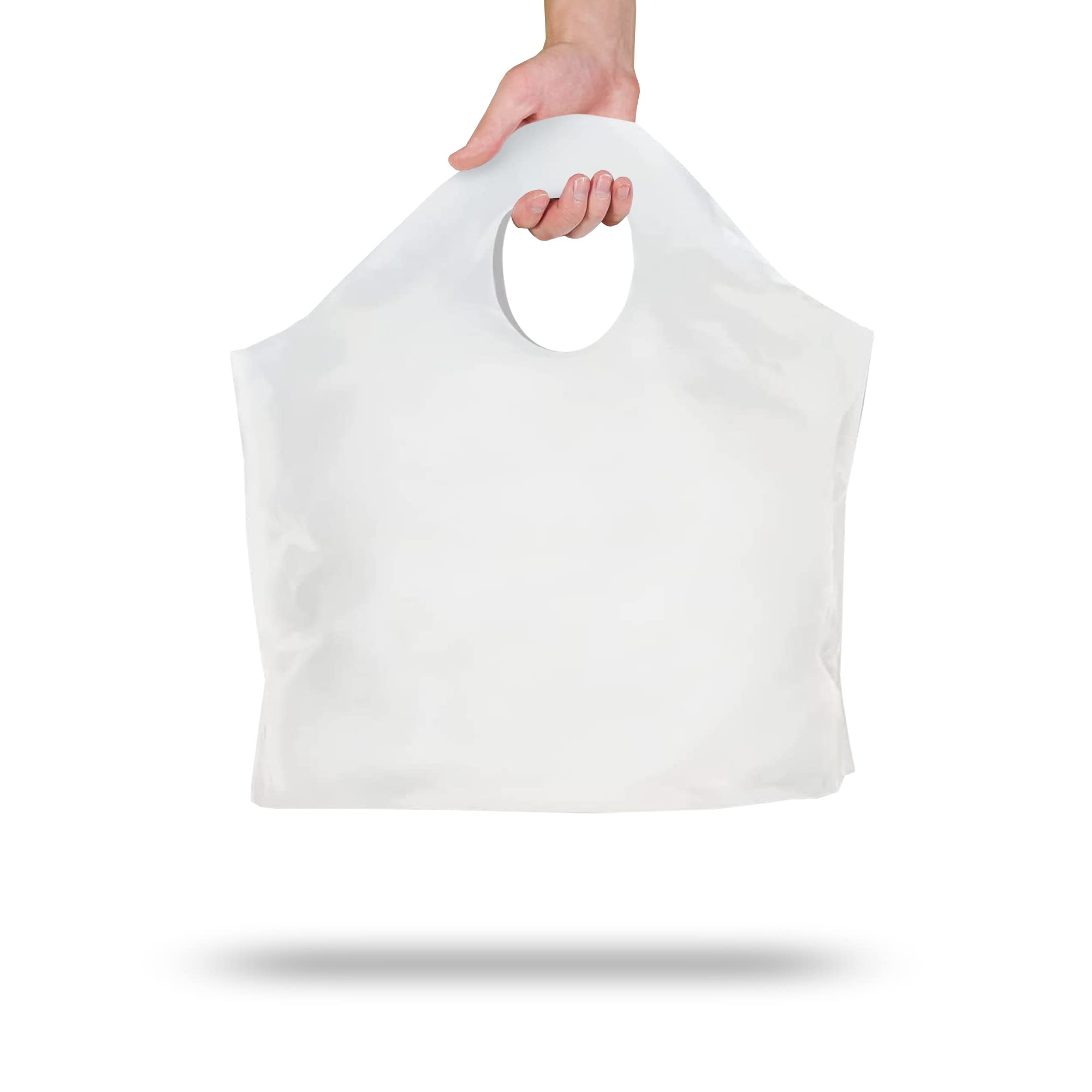 White Super Wave Top Carry Out Bags with Die-Cut Handles - Durable Plastic Merchandise Bags for Small Business Retail & Takeout - Perfect for Groceries, Boutique Shopping & Food Delivery
