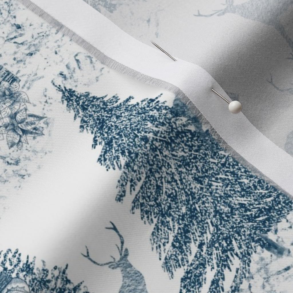 Christmas Village Toile Fabric - White & Blue Deer Snow Print on Organic Cotton Sateen by The Yard | Perfect for Sewing, Quilting, Apparel & Home Decor | Holiday Tablecloths, Curtains & DIY Christmas Crafts