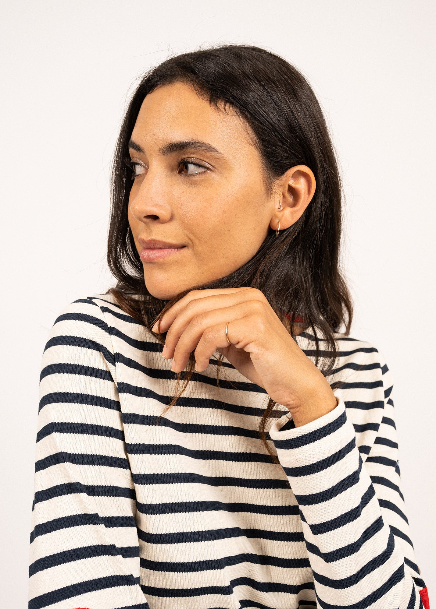 VAUJANY Women's Striped Long Sleeve Shirt with Heart Elbow Patches - Casual Ecru & Navy Top for Work, Date Night and Everyday Wear