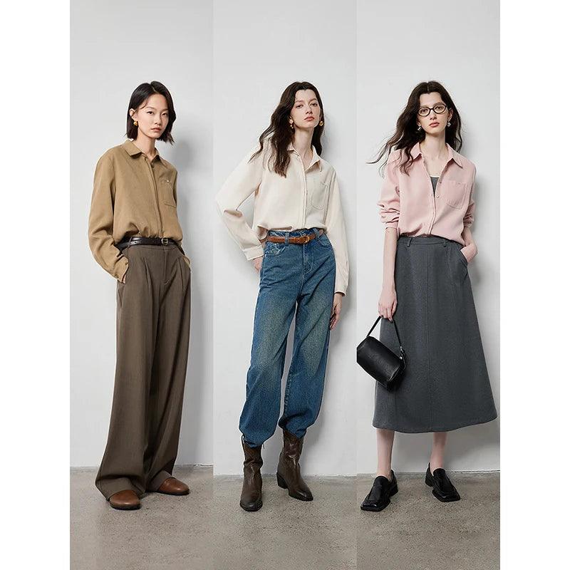 Women's Beige Workwear Blouse - Soft Brushed Long Sleeve Office Shirt with Turn Down Collar | Professional Business Attire for Autumn & Winter | Perfect for Office, Meetings & Formal Events
