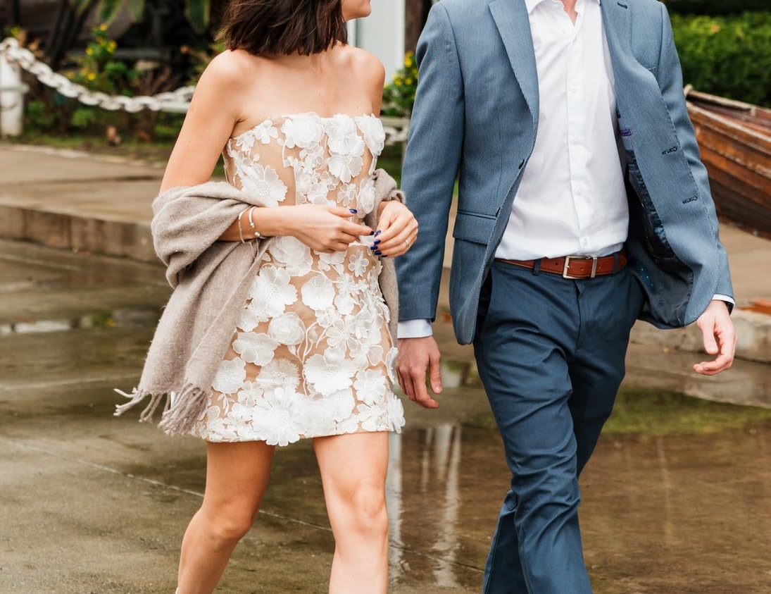 Floral Embroidered Short Wedding Dress for Bride | Strapless A-Line Formal Party Gown | Homecoming Prom Dress for Beach Weddings, Garden Parties & Cocktail Events