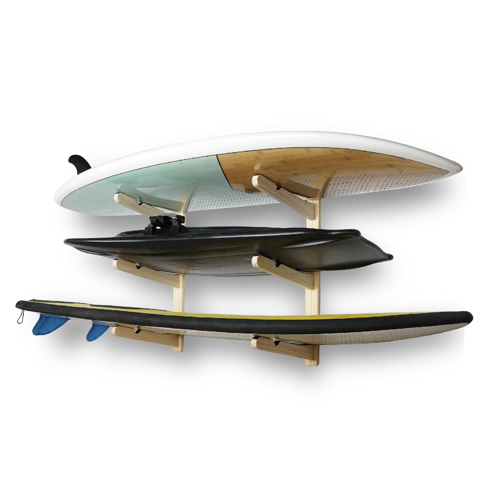 Premium Surfboard Wall Mount Rack - Heavy Duty Storage for Longboards, Shortboards, Wakeboards, Kiteboards & Snowboards (Holds 3 Boards) - Indoor & Outdoor Use for Home, Garage, or Surf Shop Display