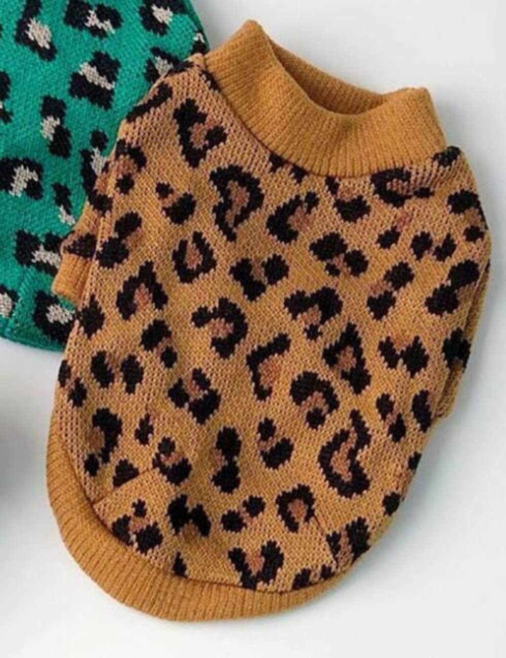 HUANSUN Green Leopard Knitted Dog Sweater - Soft Warm Pullover Puppy Clothes for Small Medium Dogs - Cozy Winter Pet Fashion Outfit - Perfect for Autumn Walks & Indoor Lounging (Coffee Color)