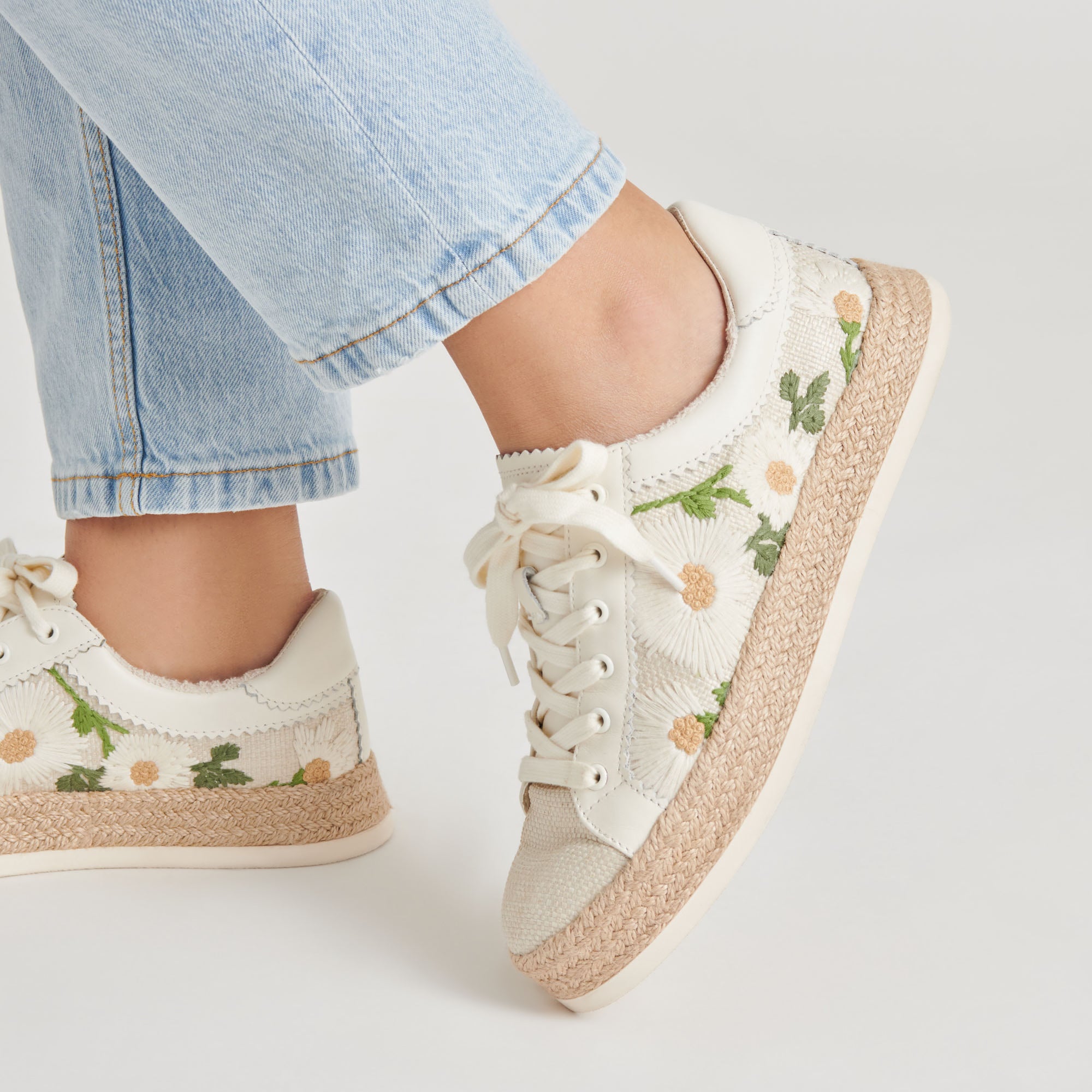 AZALIA Women's White Floral Raffia Sneakers - Comfortable Casual Shoes for Summer, Beach, and Outdoor Activities
